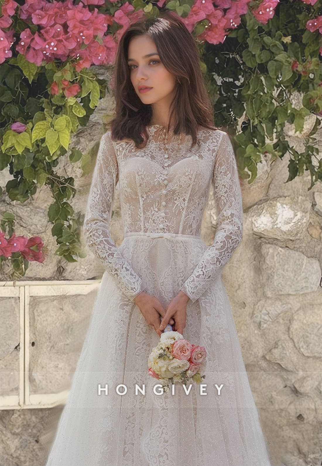 Chic O-Neck Lace Applique A-Line with Train Wedding Dress Bride Gown