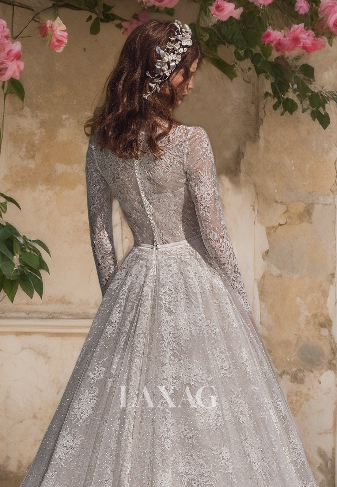Ornate High-Neck Long Sleeves A-Line Weeding Dress Allover Lace Cutout with Train Bridal Gowns - Fashionpara