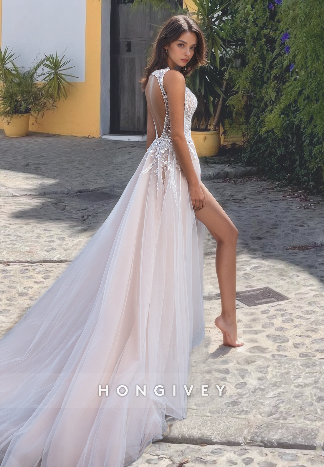 Sexy Deep V-Neck Side Slit Applique Tulle Beach Wedding Dress Gown