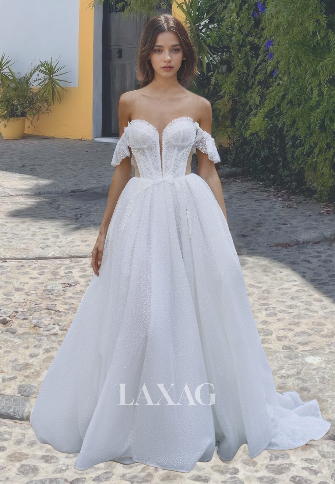 Sweetheart A-Line Wedding Dress Sleeveless Beaded Allover Lace Bridal Gowns with Train - Fashionpara