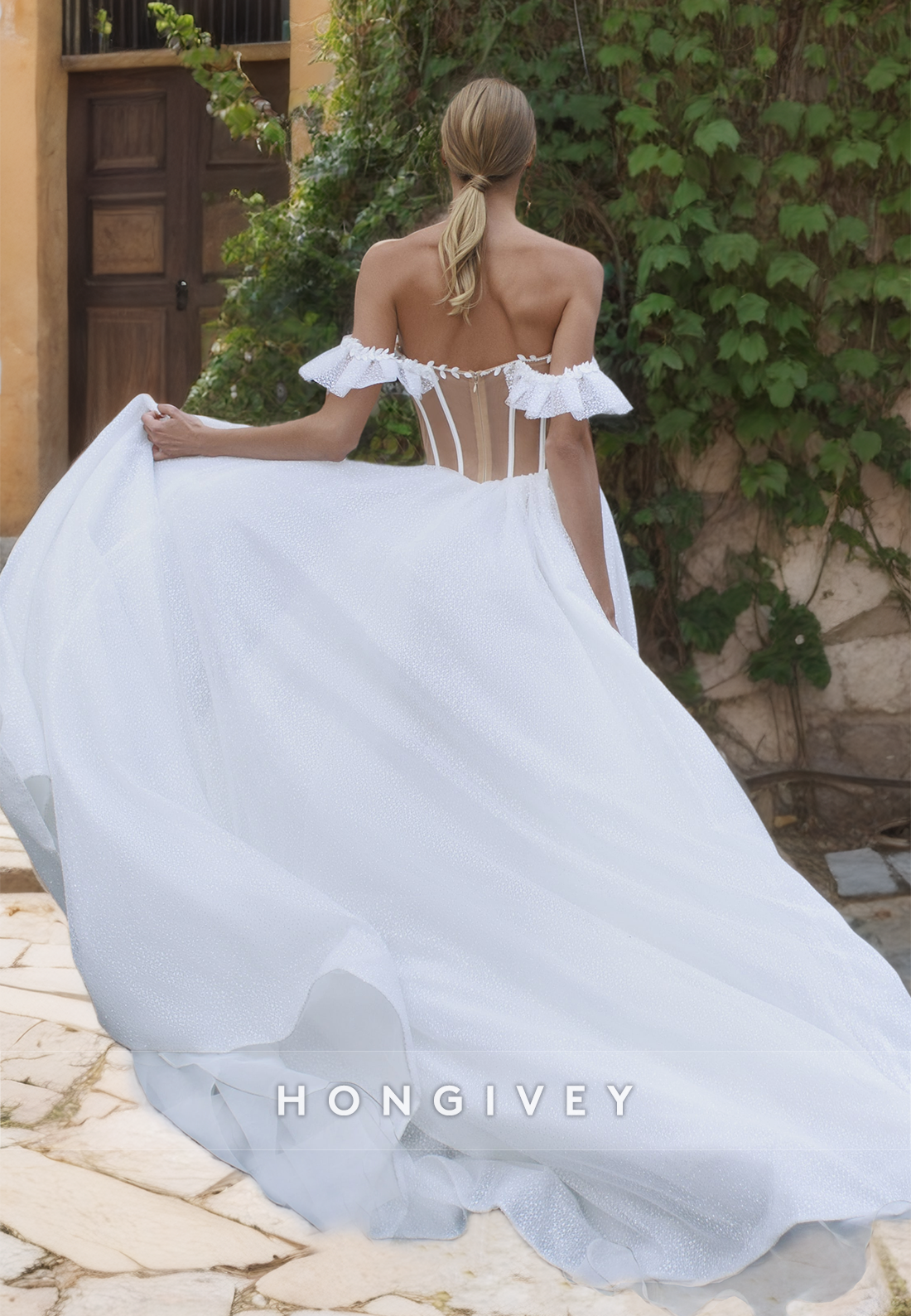 Sexy Applique Off-Shoulder Sheer Back Tulle Wedding Dress 2025 New