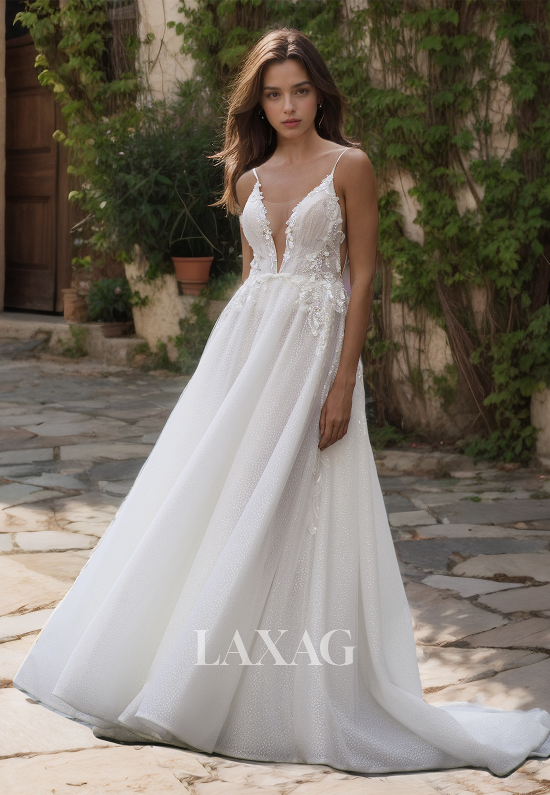 Spaghetti Straps Deep V-Neck A-Line Wedding Dress Allover Lace with Beaded and Applique Bridal Dress - Fashionpara