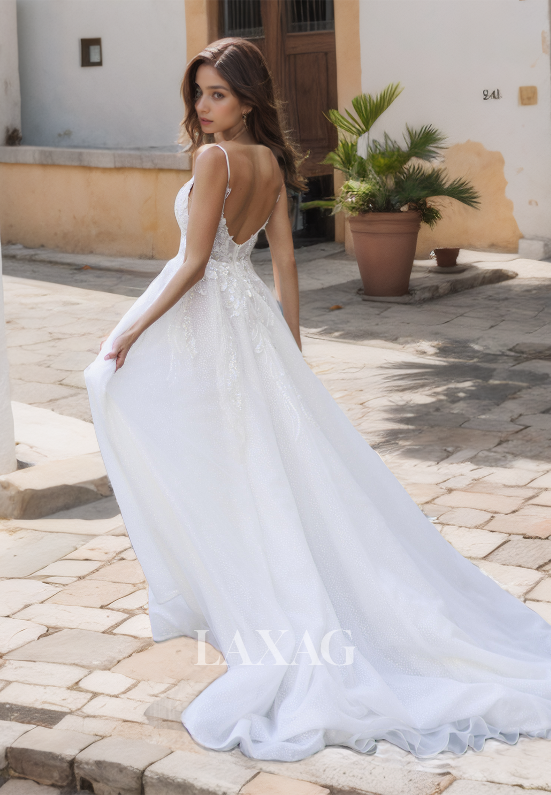 Spaghetti Straps Deep V-Neck A-Line Wedding Dress Allover Lace with Beaded and Applique Bridal Dress - Fashionpara