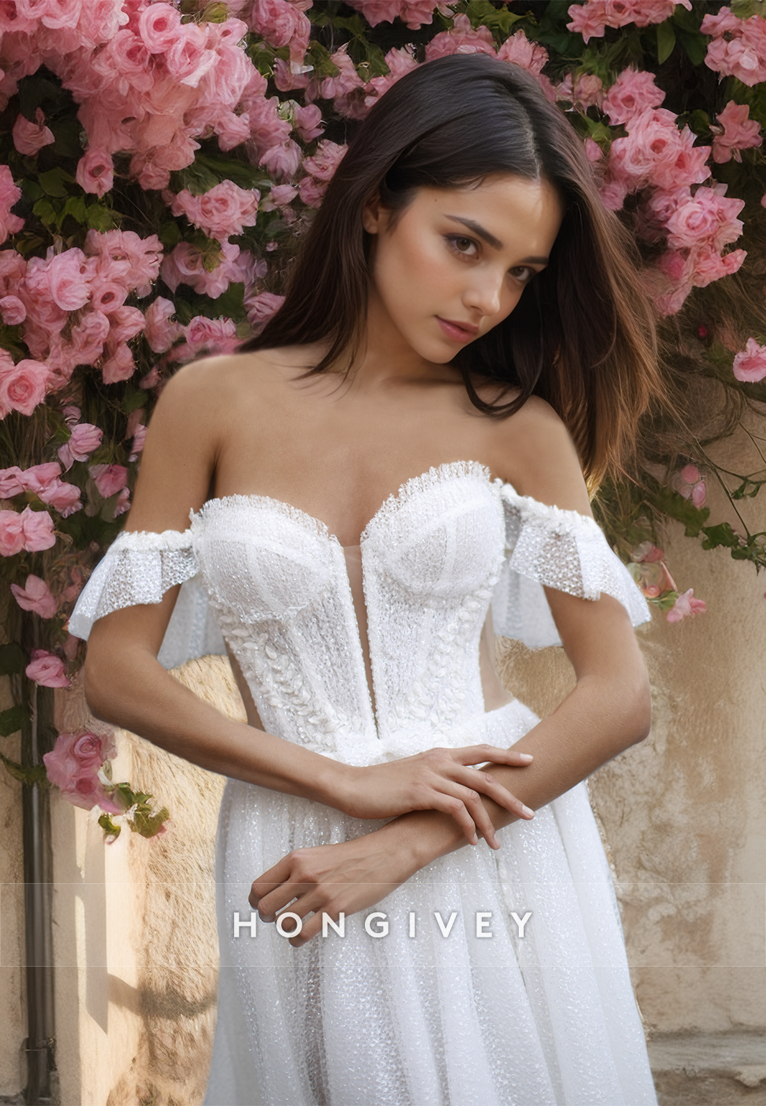 Sexy Applique Off-Shoulder Sheer Back Tulle Wedding Dress 2025 New