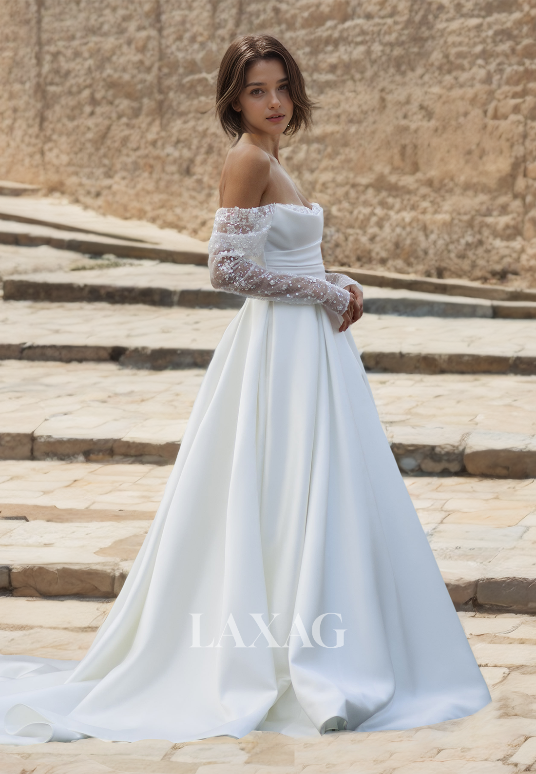 Tube Top Lace Half-Sleeves A-Line Bridal Gowns Pleated and Sequined Satin Wedding Dress - Fashionpara