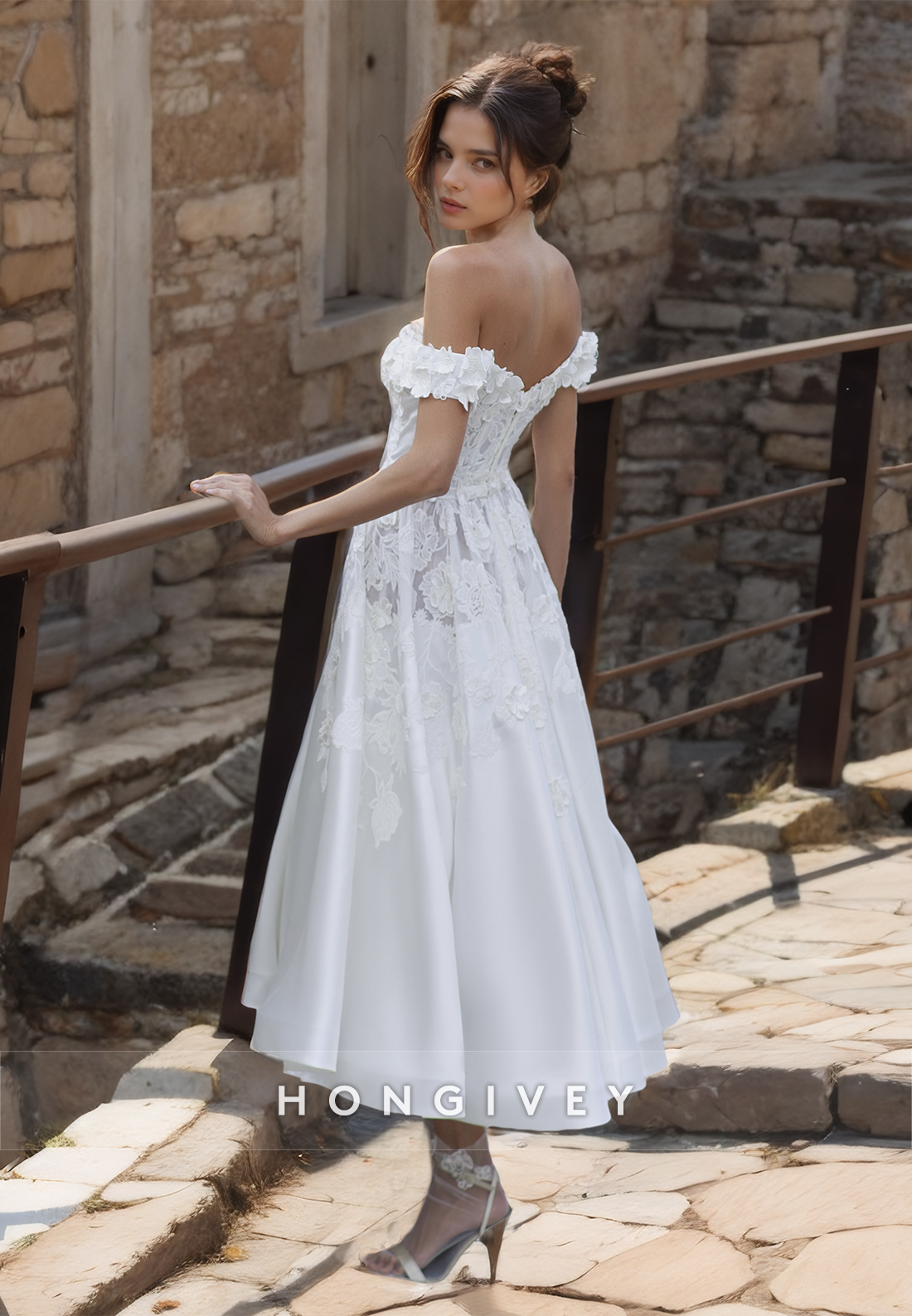 Floral Applique A-Line Wedding Dress Off-Shoulder Satin Midi Dresses