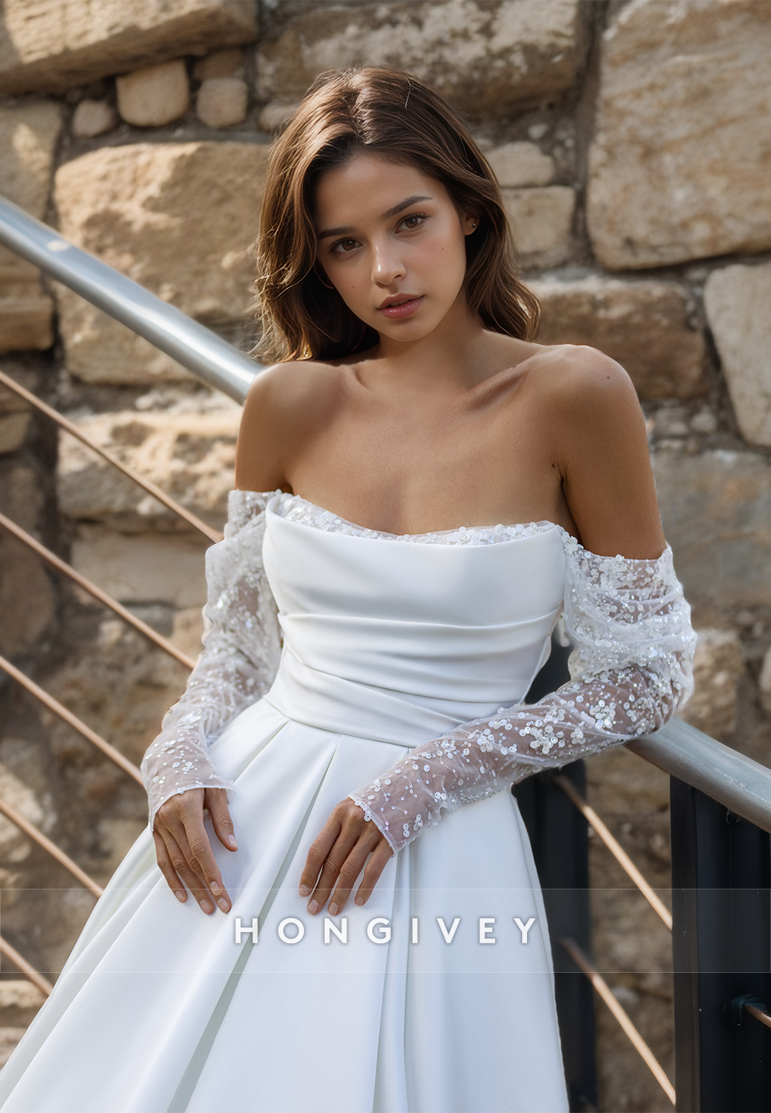 Chic Ruched Long Sleeves Satin A-Line Wedding Dress Gown