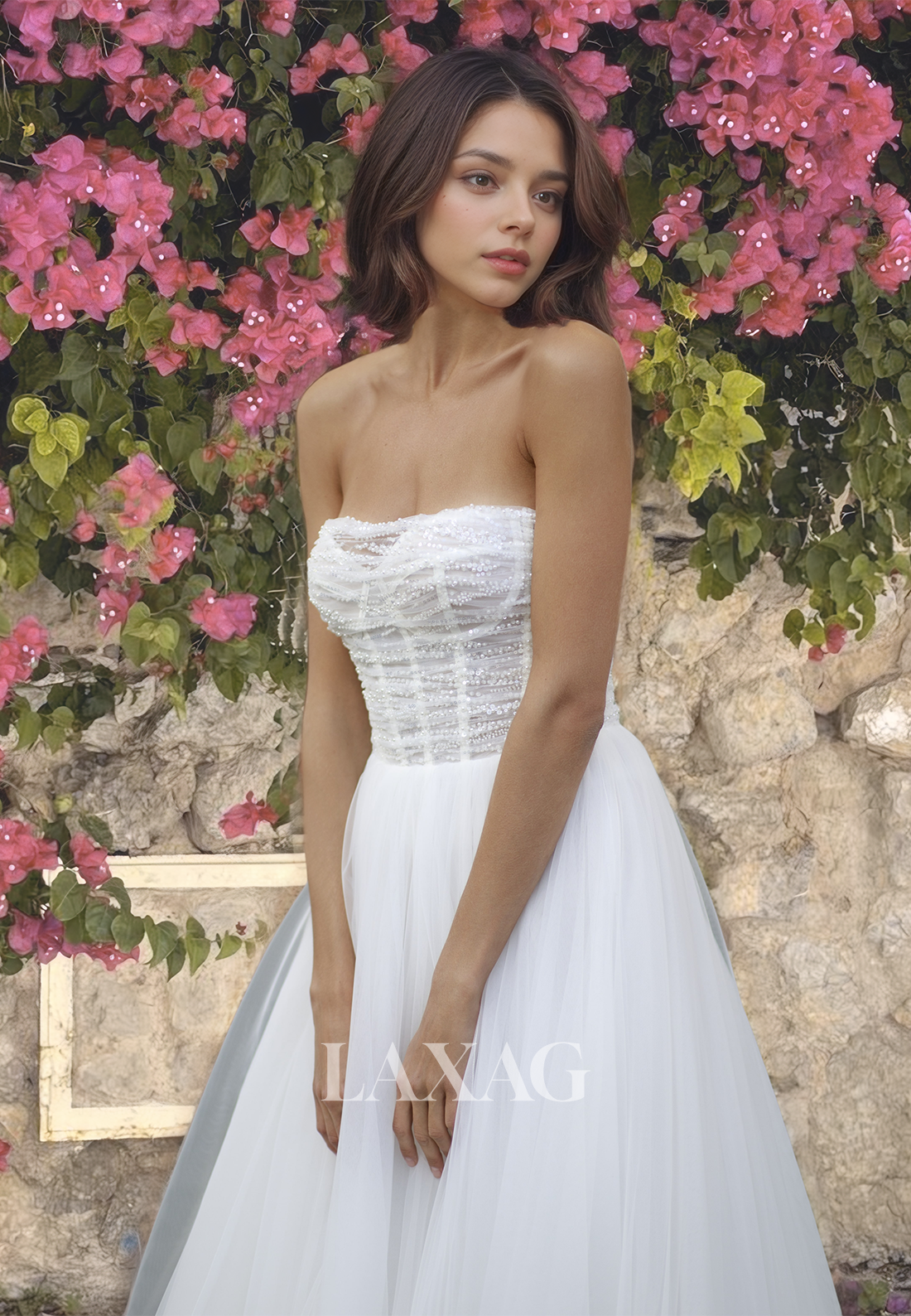 Sweetheart Sleeveless Beaded A-Line Bridal Dress Off-Shoulder Pleated Tulle Wedding Dress with Train - Fashionpara