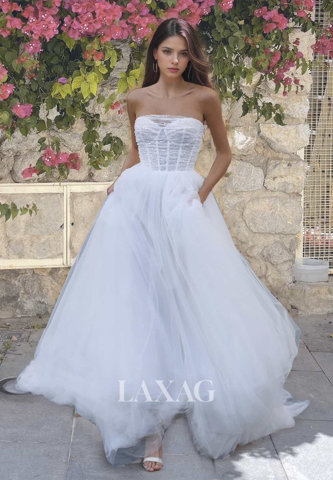 Sweetheart Sleeveless Beaded A-Line Bridal Dress Off-Shoulder Pleated Tulle Wedding Dress with Train - Fashionpara