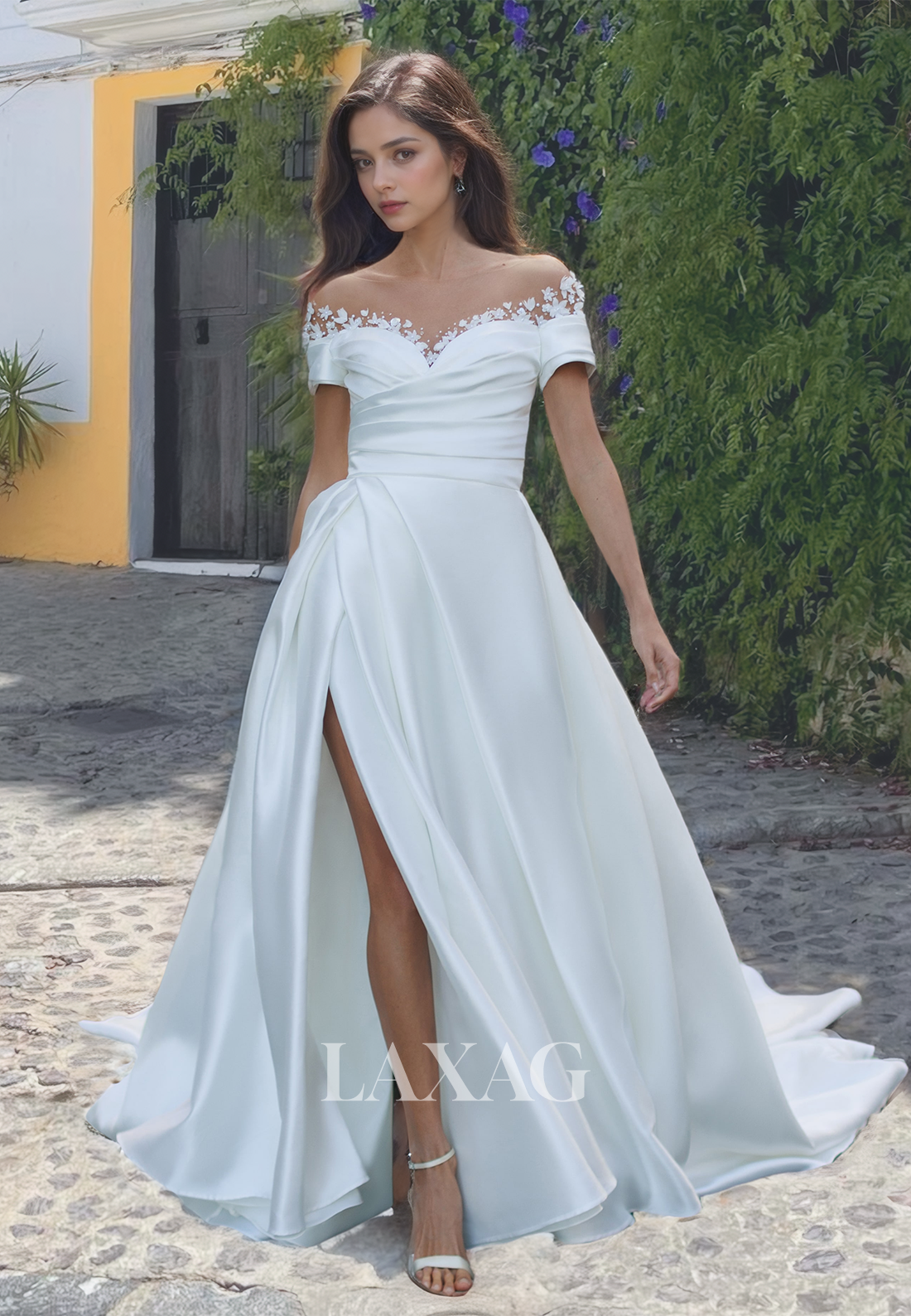 Sweetheart with Beaded and Applique A-Line Wedding Dress Pleated Slit with Train Bridal Gowns - Fashionpara