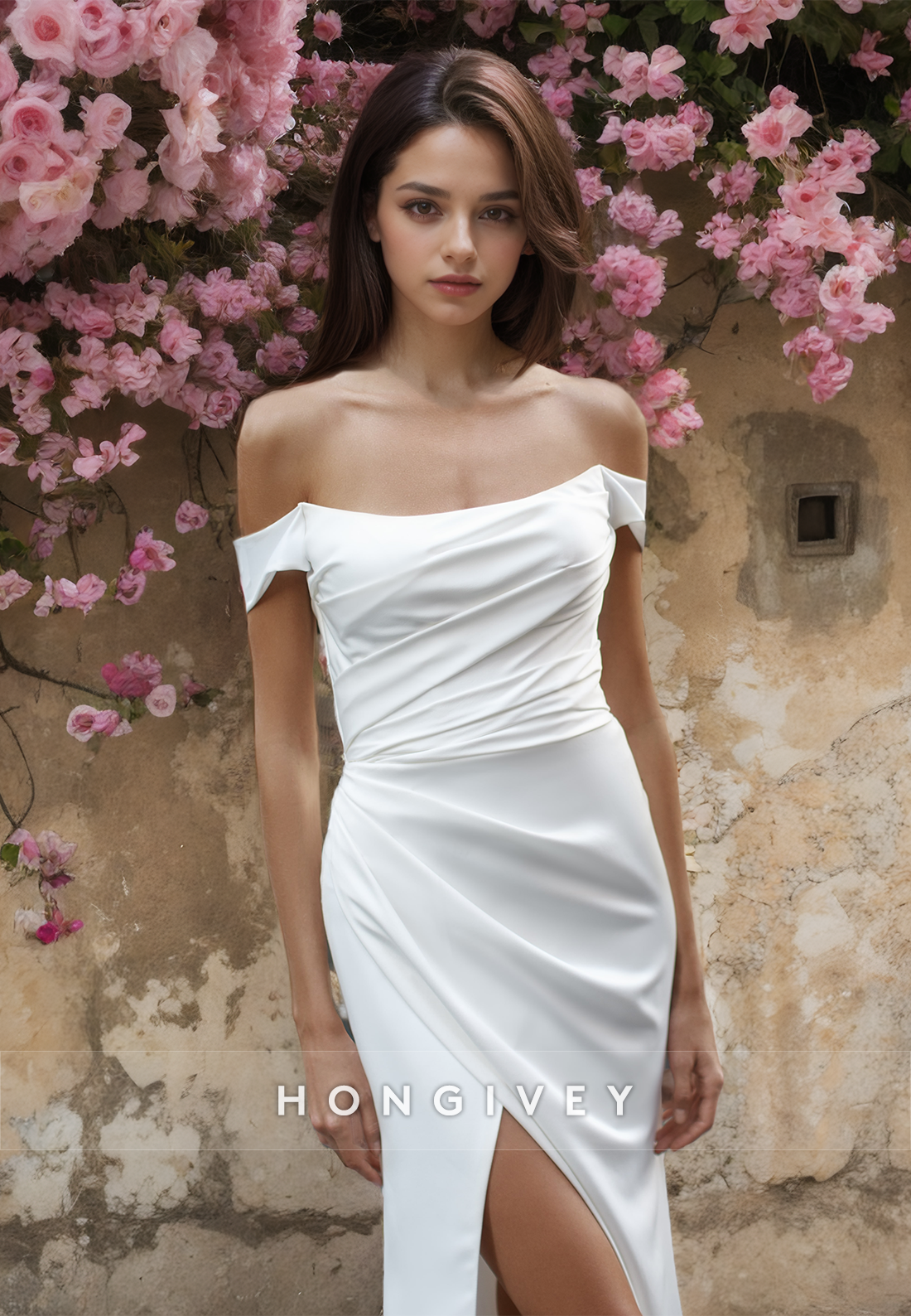 Ruched Satin with Side Slit Trumpet Simple Engagement Wedding Dress