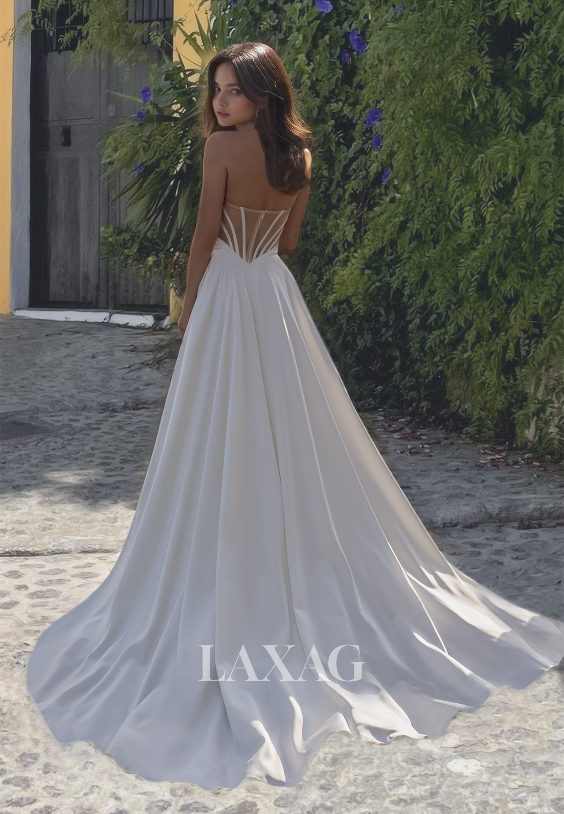 Sweetheart Off-Shoulder Cutout A-Line Wedding Dress Pleated Satin Slit with Train Bridal Gowns - Fashionpara