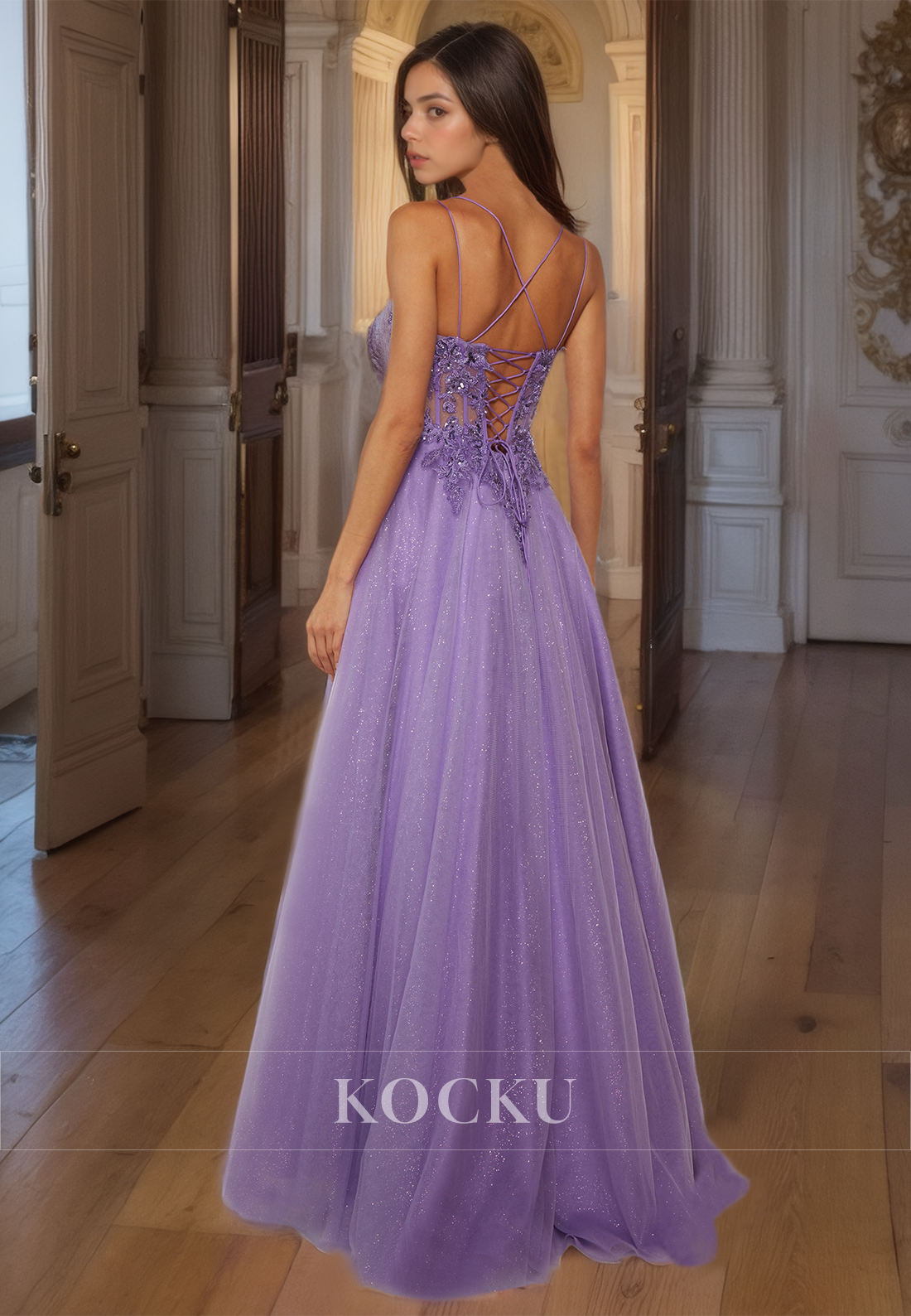 A-Line Spaghetti Straps Scoop Neck Pleats Stripe Glitter Lace Prom Dress with Appliques Party Dress