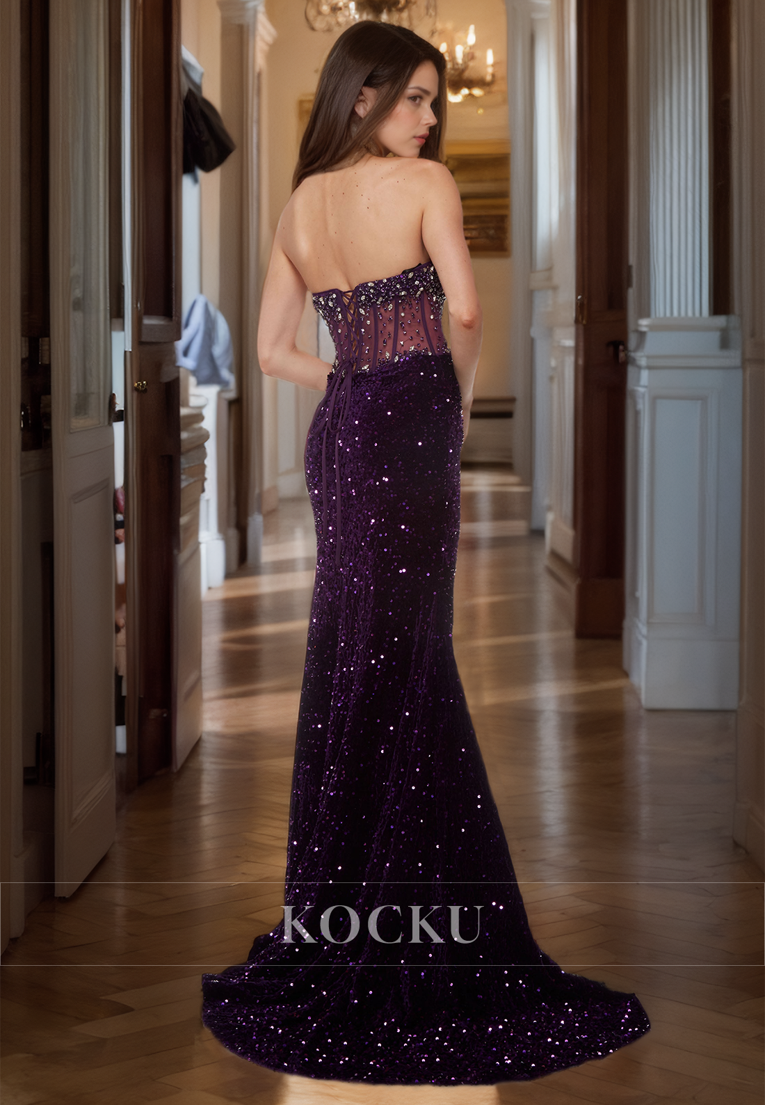Stunning Sweetheart Sleeveless Side Slit Sheath Sequins Evening Prom Dress with Beaded