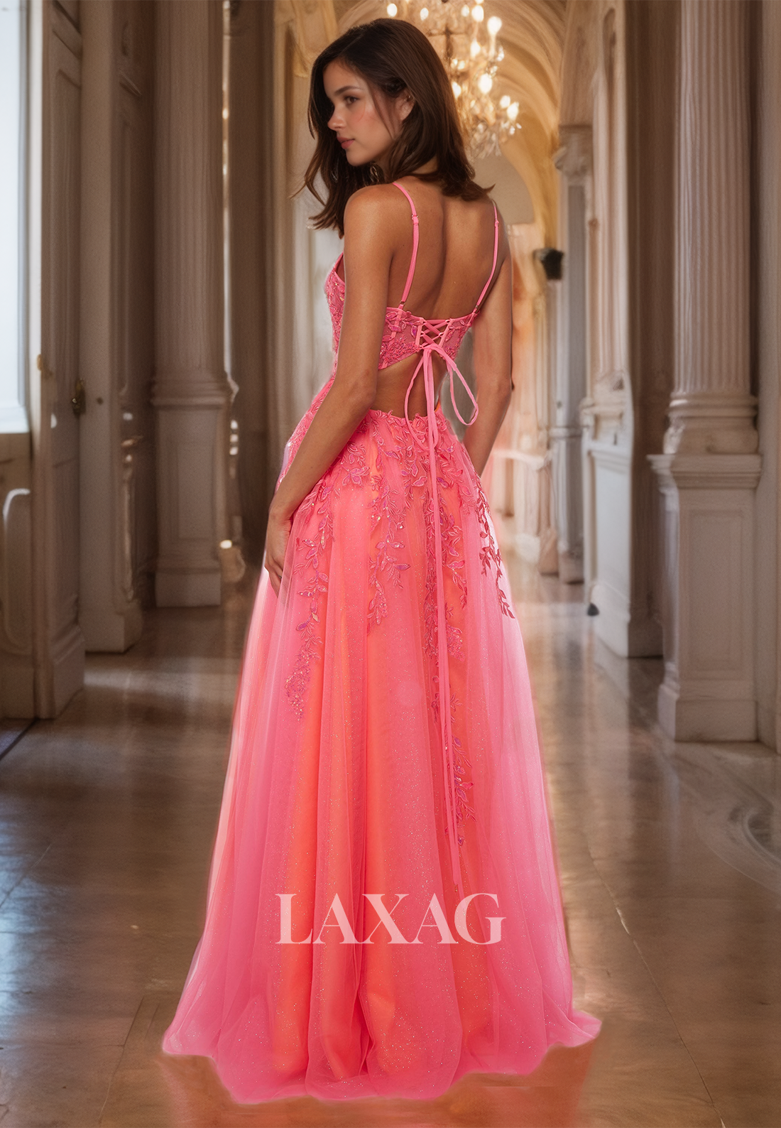 V-Leck Spaghetti Straps Sleeveless Floor-Length A-Line Formal Prom Dress with Beaded and Applique - Fashionpara