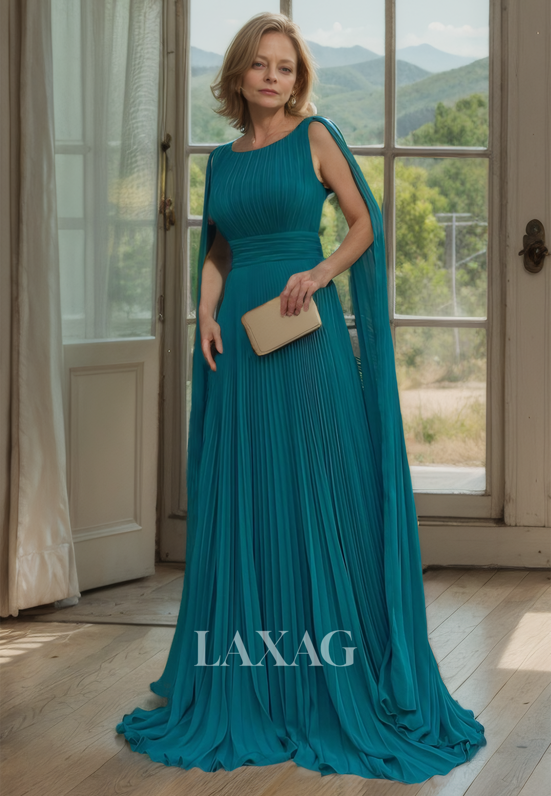 Scoop-Neck Spaghetti Straps Pleated A-Line Mother of the Bridal Dress Sleeveless with Train Dress for Wedding - Fashionpara