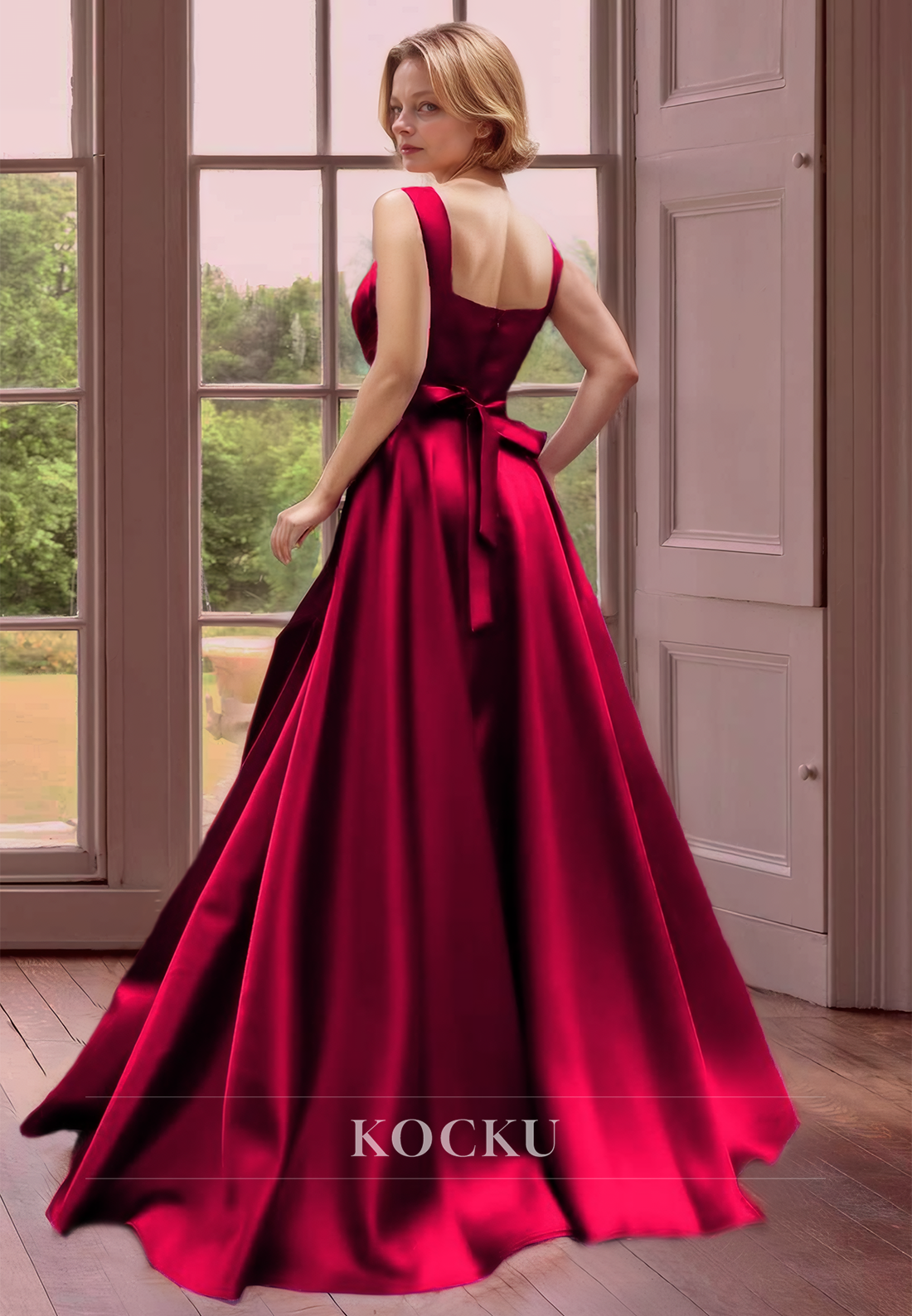 Simple & Casual Square A-Line Spaghetti Straps Train Satin Cocktail Dress Mother of the Bride Dress