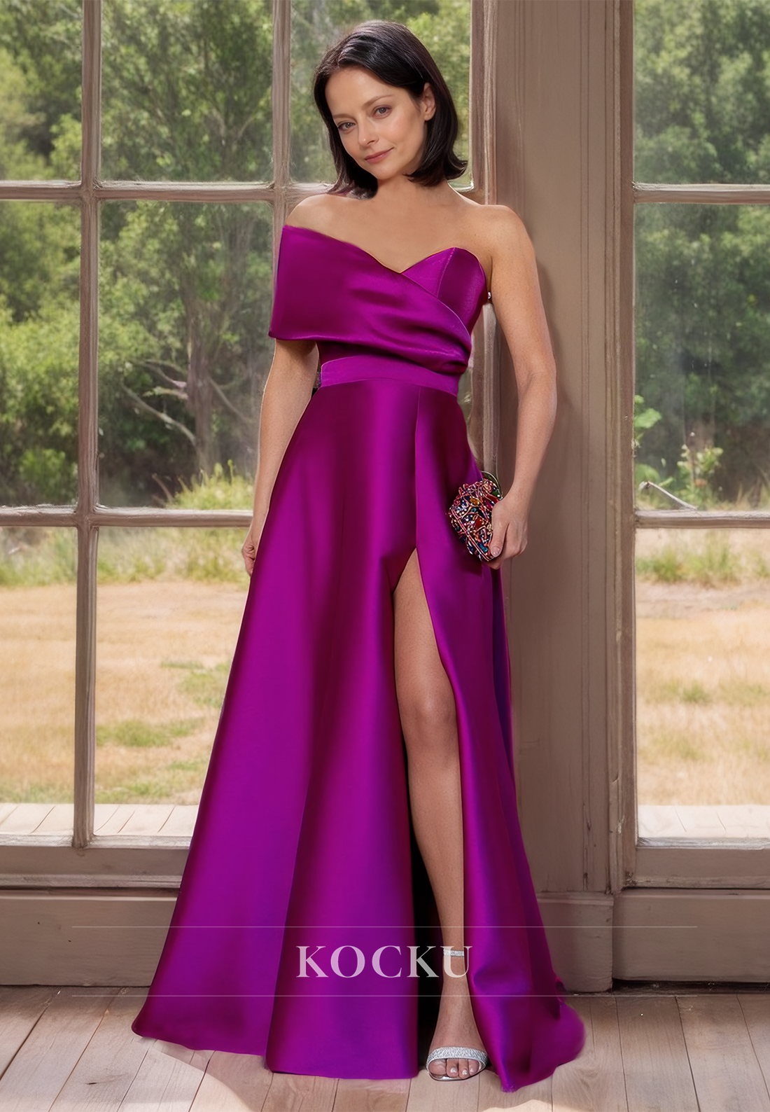 Classic & Simple One Shoulder A-Line Sleeveless Satin Cocktail with Slit Mother of the Bride Dress