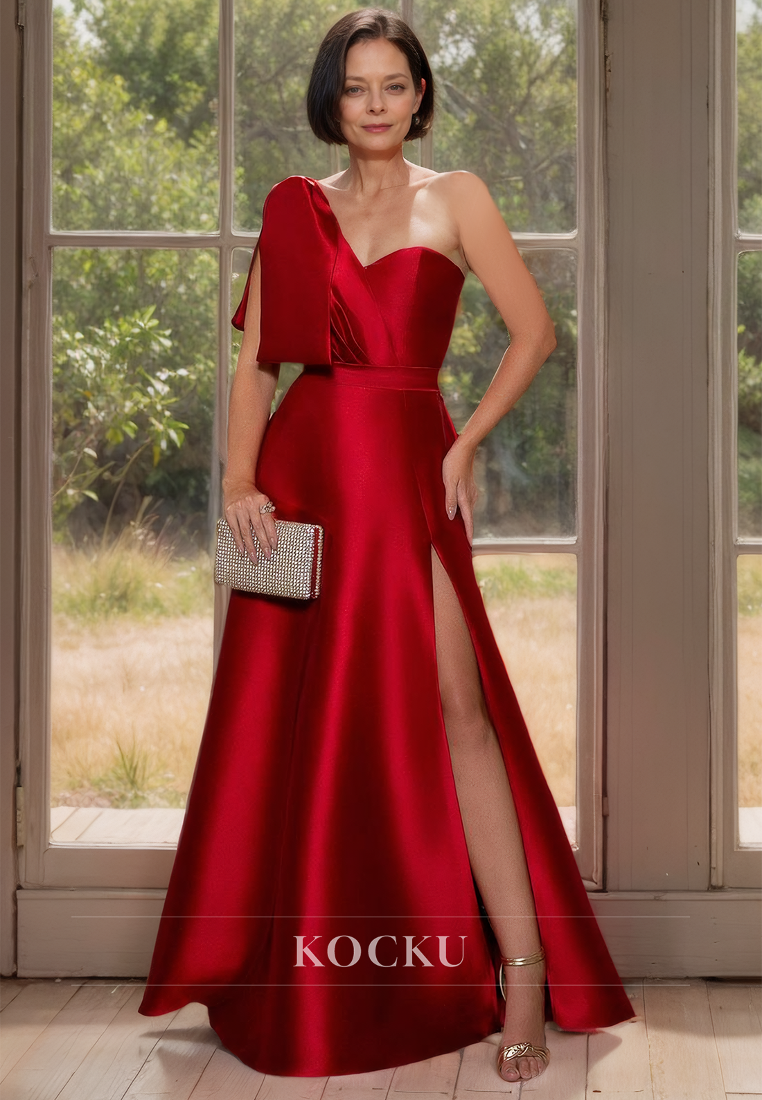 Classic & Simple One Shoulder A-Line Sleeveless Pleats Satin with Bow Mother of the Bride Dress