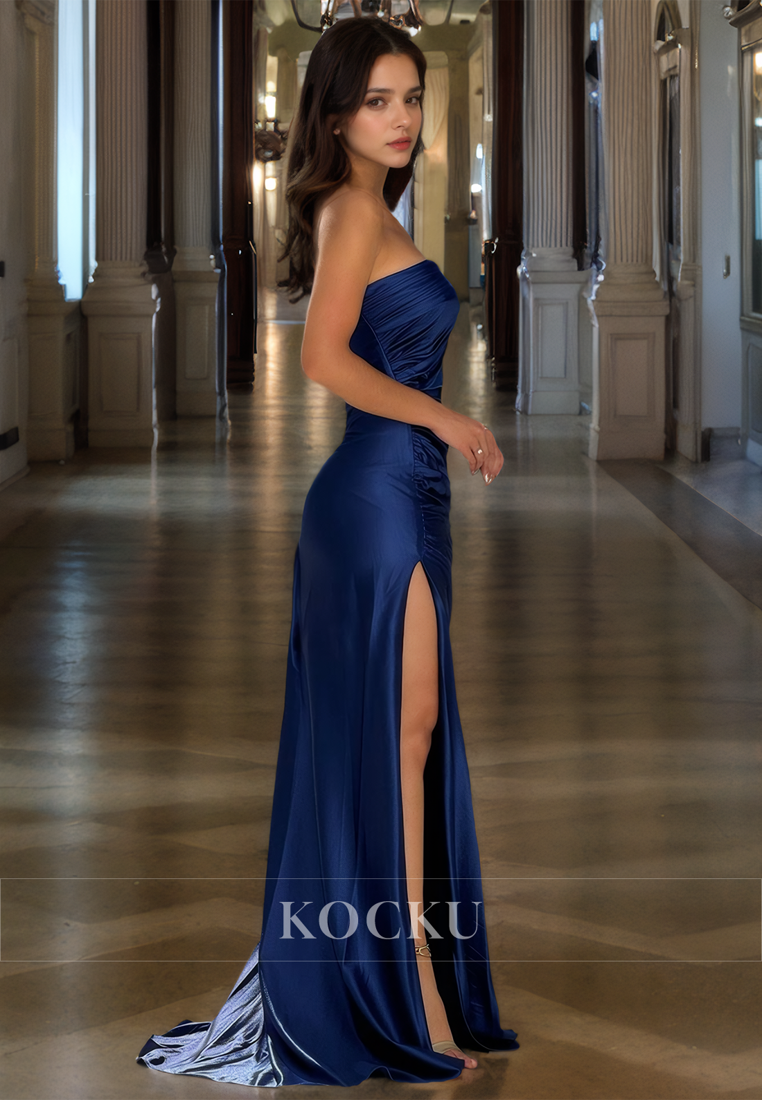 Elegant One Shoulder Sleeveless Mermaid Side Slit Pleated Long Prom Formal Party Dress
