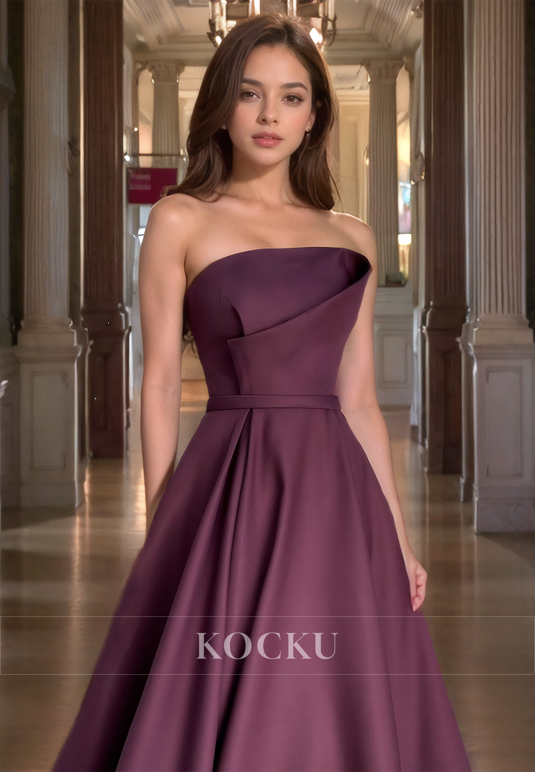 Tube Top A-Line Sleeveless Satin Pleats Long Formal Dress with Train Prom Dress