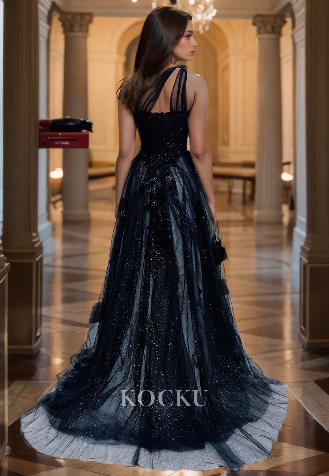 Asymmetrical One Shoulder A-Line Sleeveless Slit Glitter Lace Formal Dress with Appliques Prom Dress