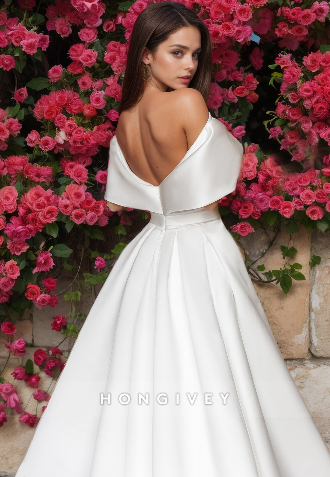 Simple Backless Off-Shoulder Wedding Dresses A-Line with Train Satin Bridal Dresses