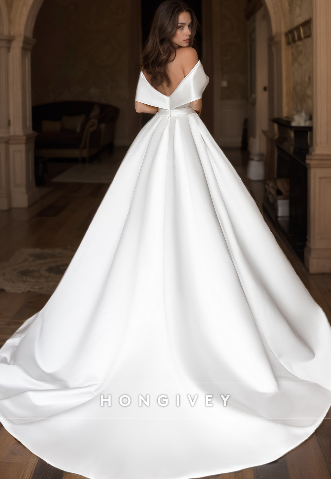 Simple Backless Off-Shoulder Wedding Dresses A-Line with Train Satin Bridal Dresses
