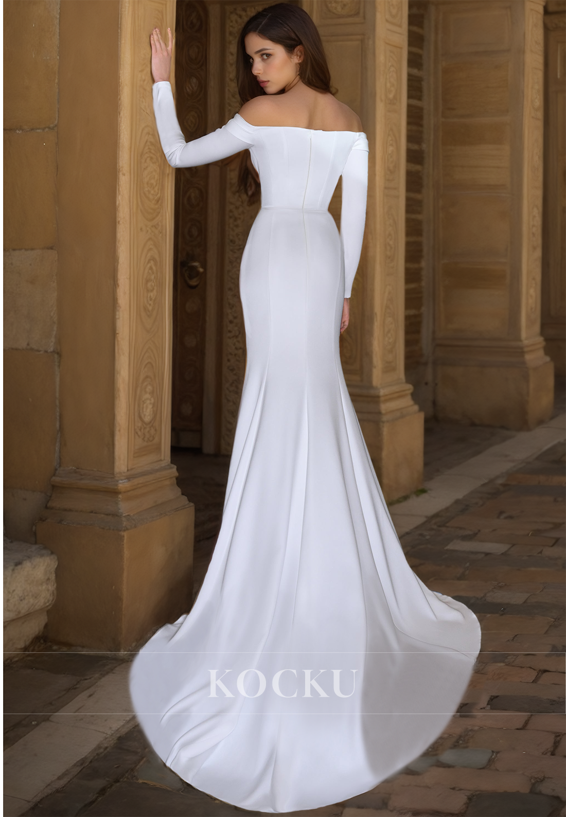 Beach Sweetheart Long Sleeves Wedding Dress Sheath Sweep Train Ruched Satin Boho Dress