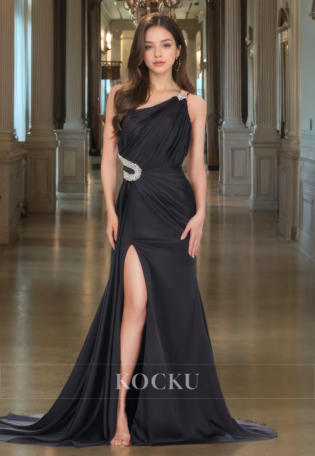 Asymmetrical Spaghetti Straps Sleeveless Sheath Formal Gowns Slit Train Satin Prom Dress with Beaded