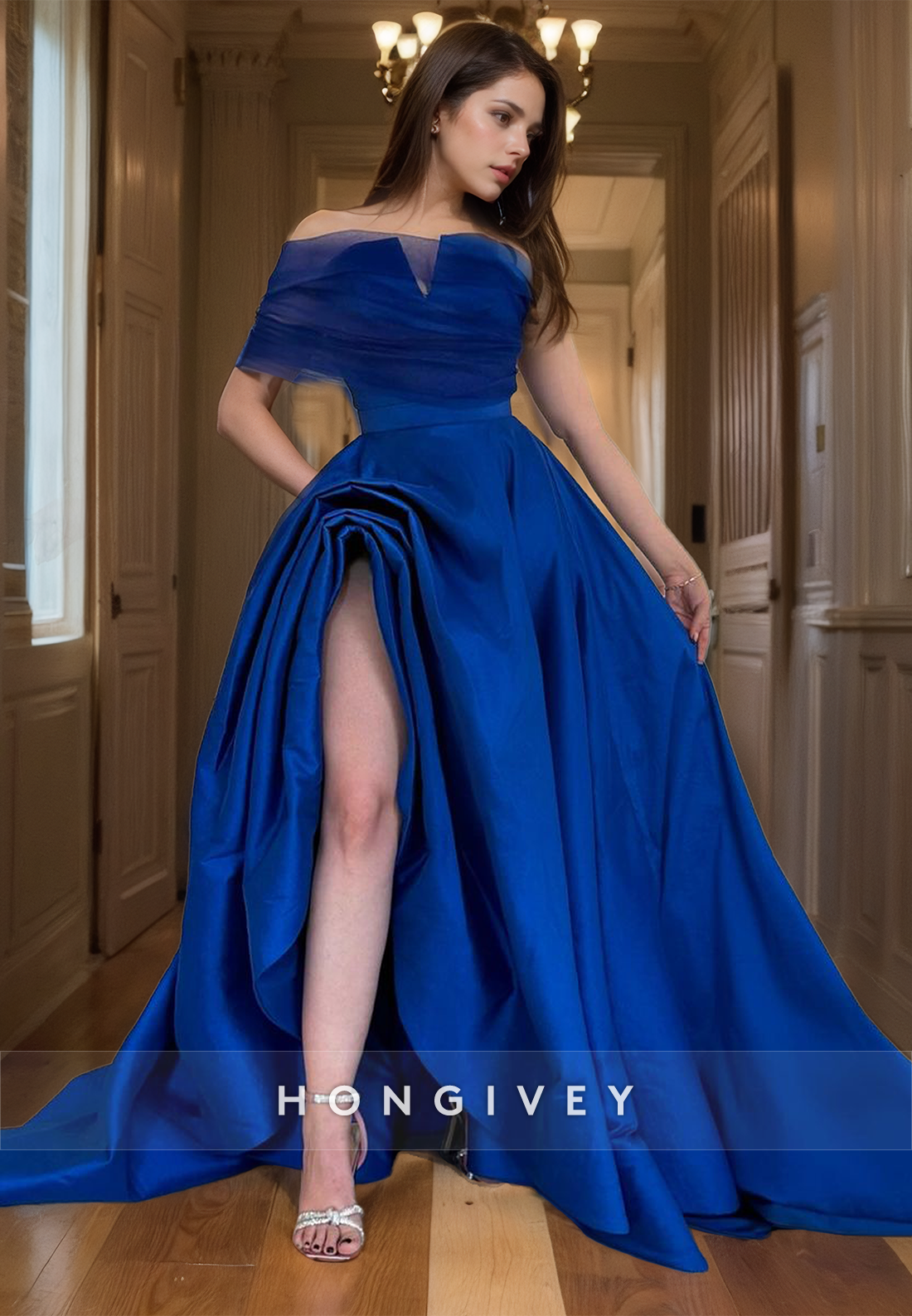 A-Line Satin Royal Blue Evening Party Gown Off-Shoulder Pleated Elegant Prom Dress with High Slit - Fashionpara