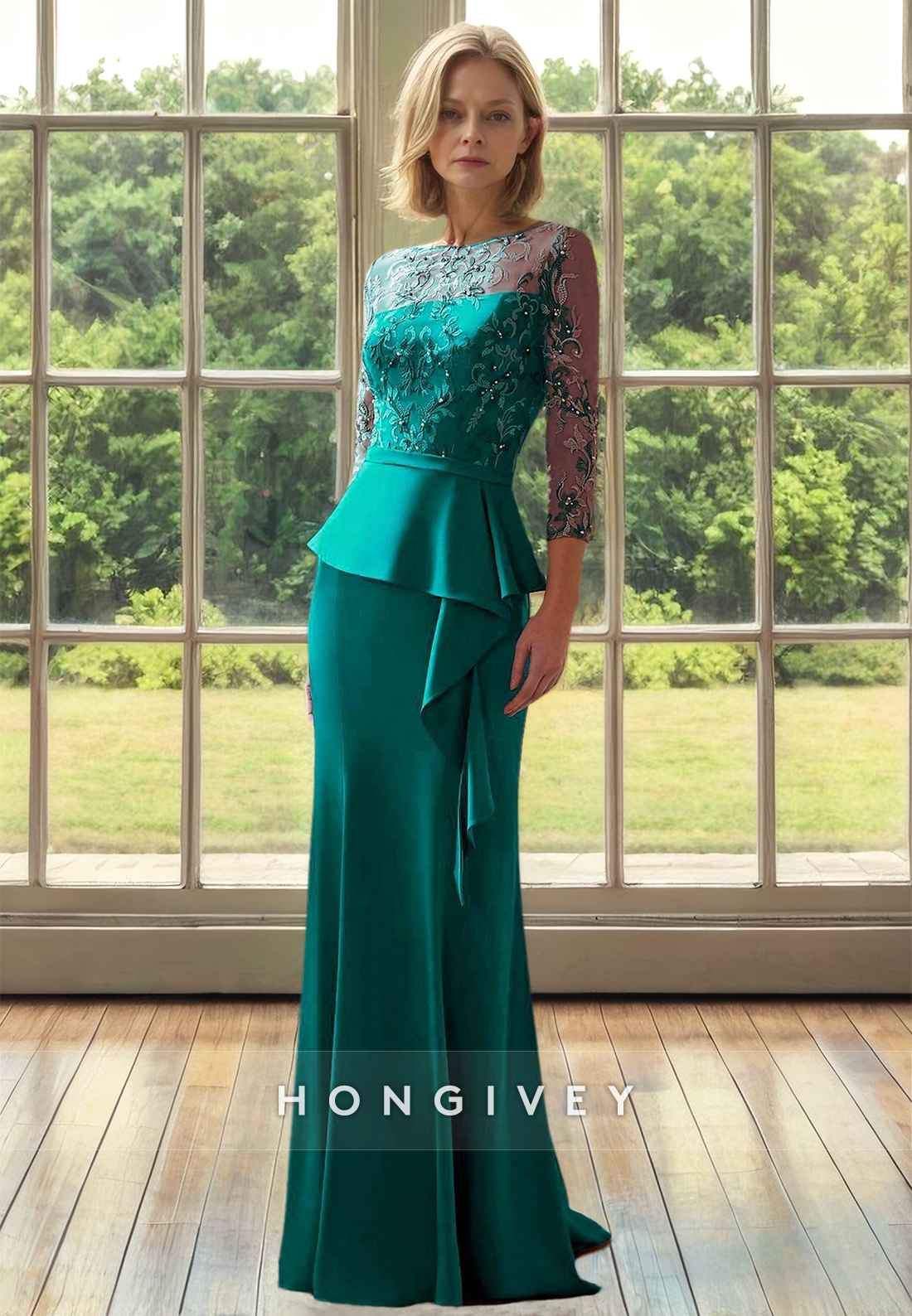 Beaded Long Sleeves Mother of the Bride Dress Lace Chiffon Wedding Guest Dress