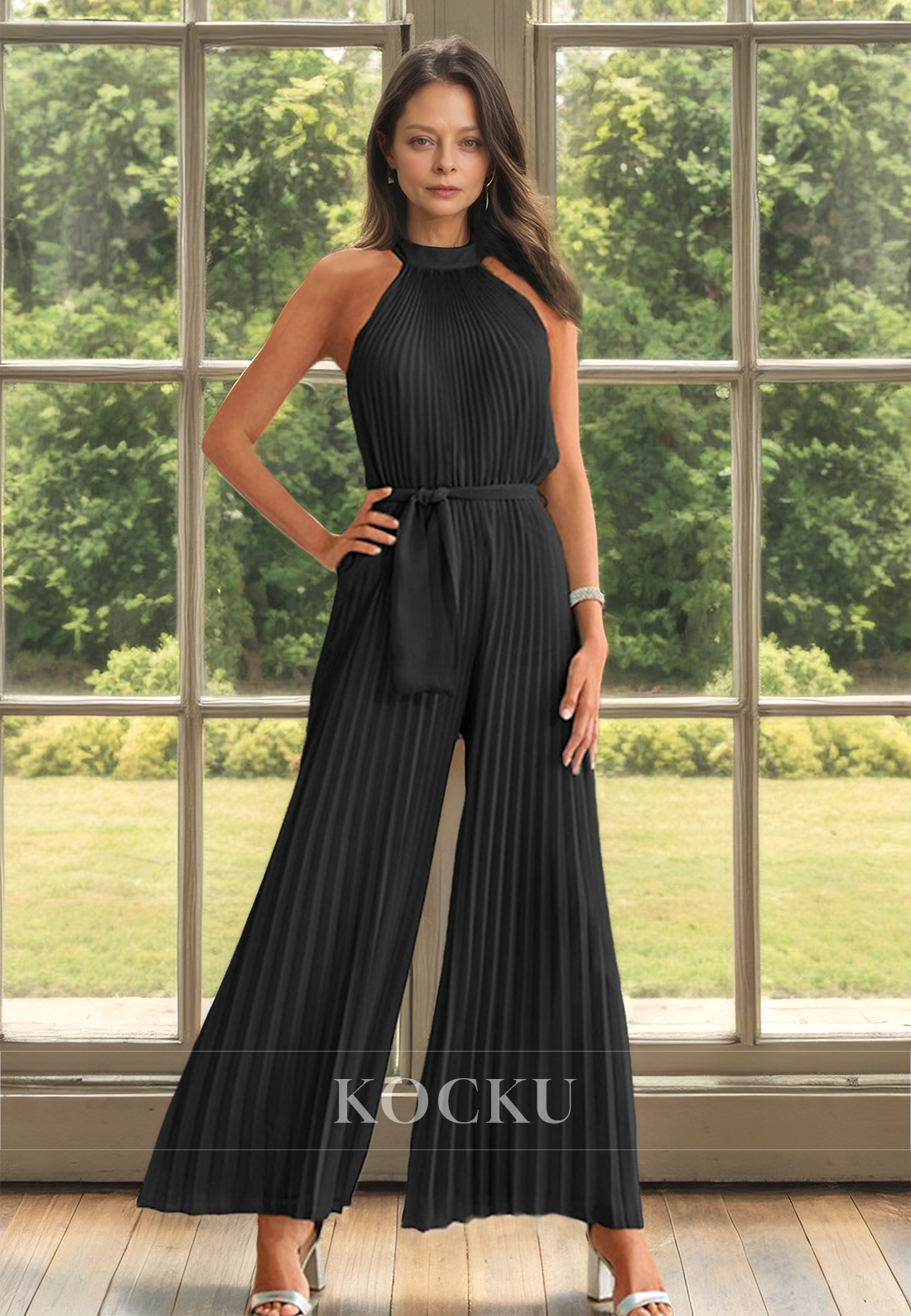 Classic&Timeless Halter Neck Sleeveless Pleats Satin Mother of Bride Cocktail Pantsuits with Belt