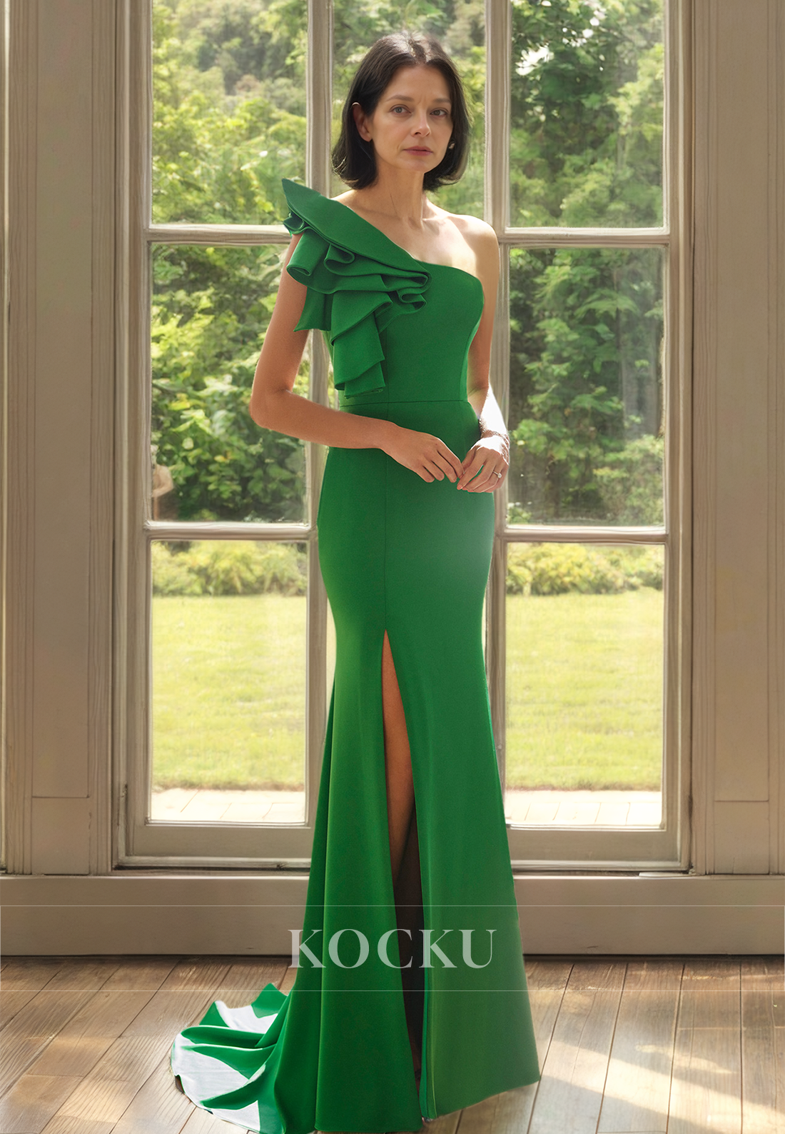 Chic&Modern Tube Top One Shoulder Sheath Slit Sweep TrainSatin Mother of Bride Dress with Floral