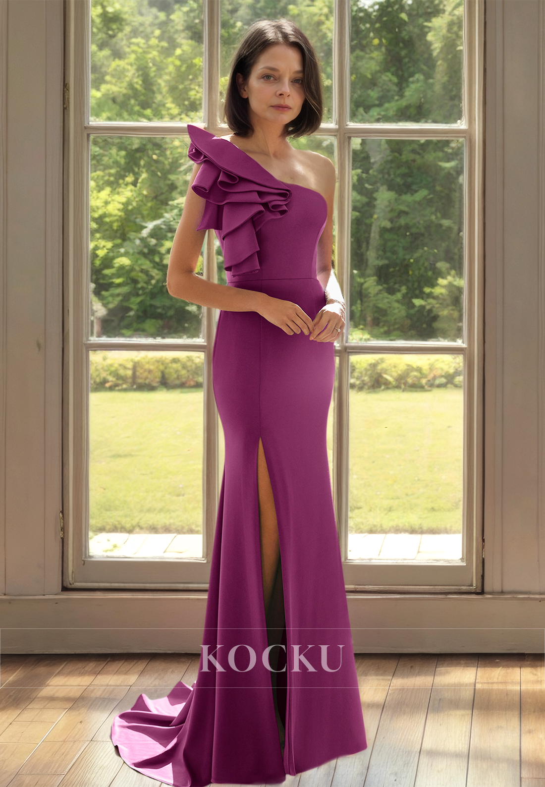 Chic&Modern Tube Top One Shoulder Sheath Slit Sweep TrainSatin Mother of Bride Dress with Floral