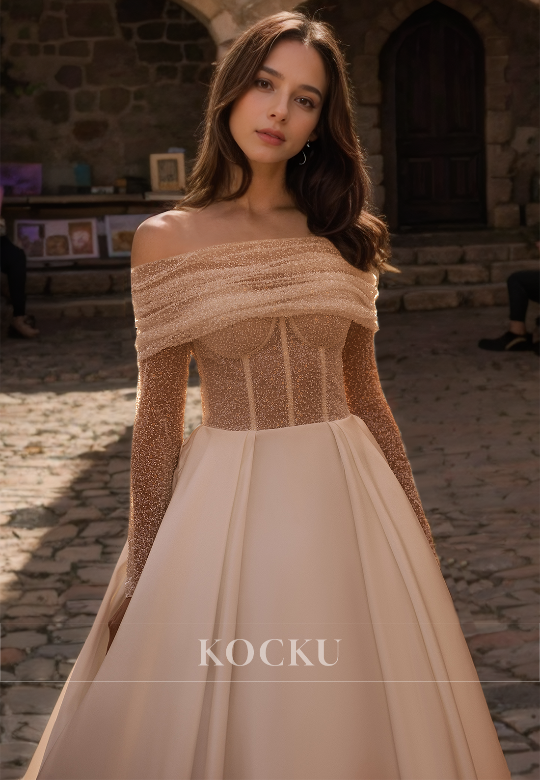 Strapless A-Line Long Sequins Sleeves Stripe Sheer Lace Wedding Dress with Sweep Train Bridal Dress