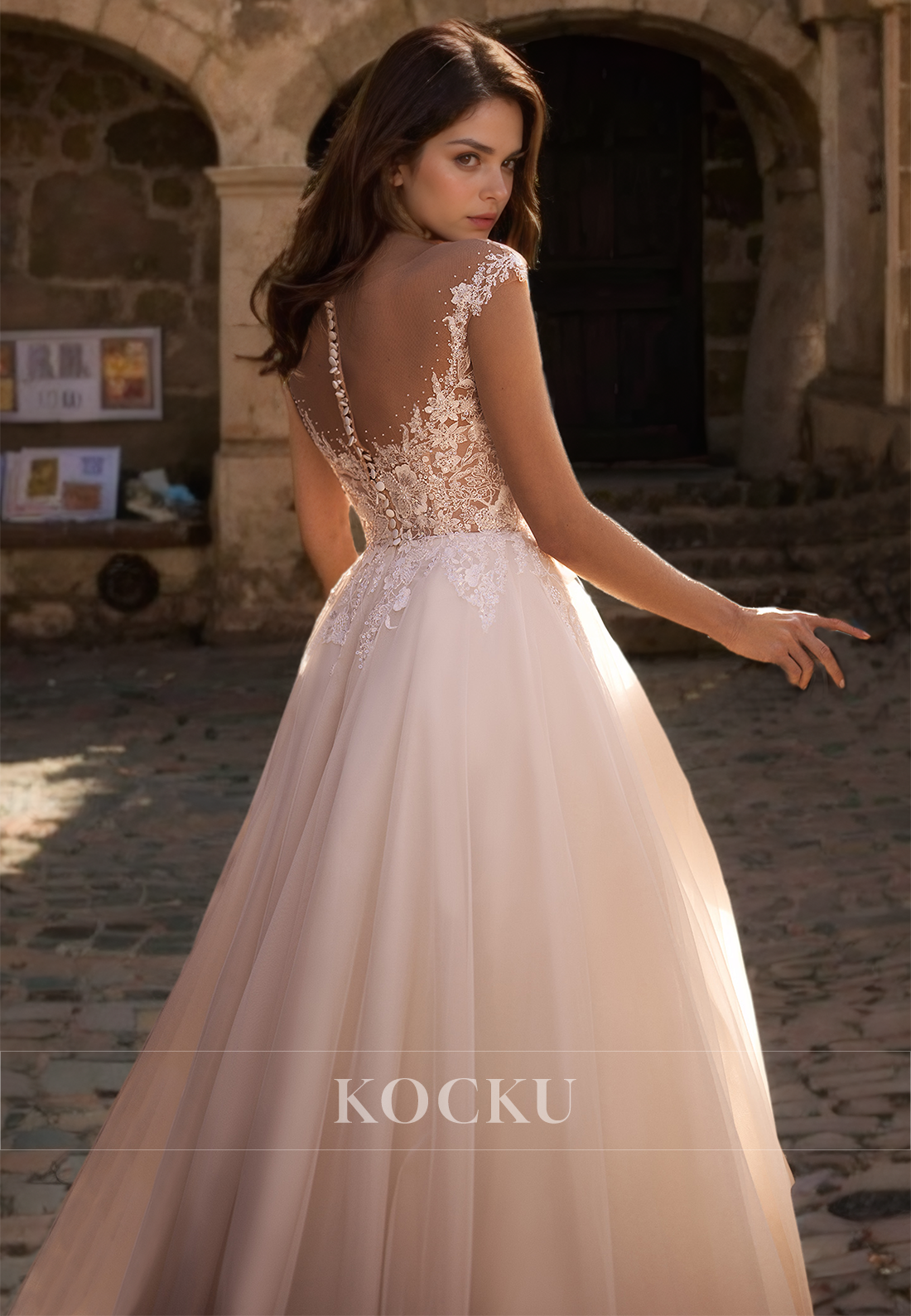 A-Line Scoop Neck Cap Sleeves Sweep Train Appliques Lace Bridal Dress with Beads Wedding Dress