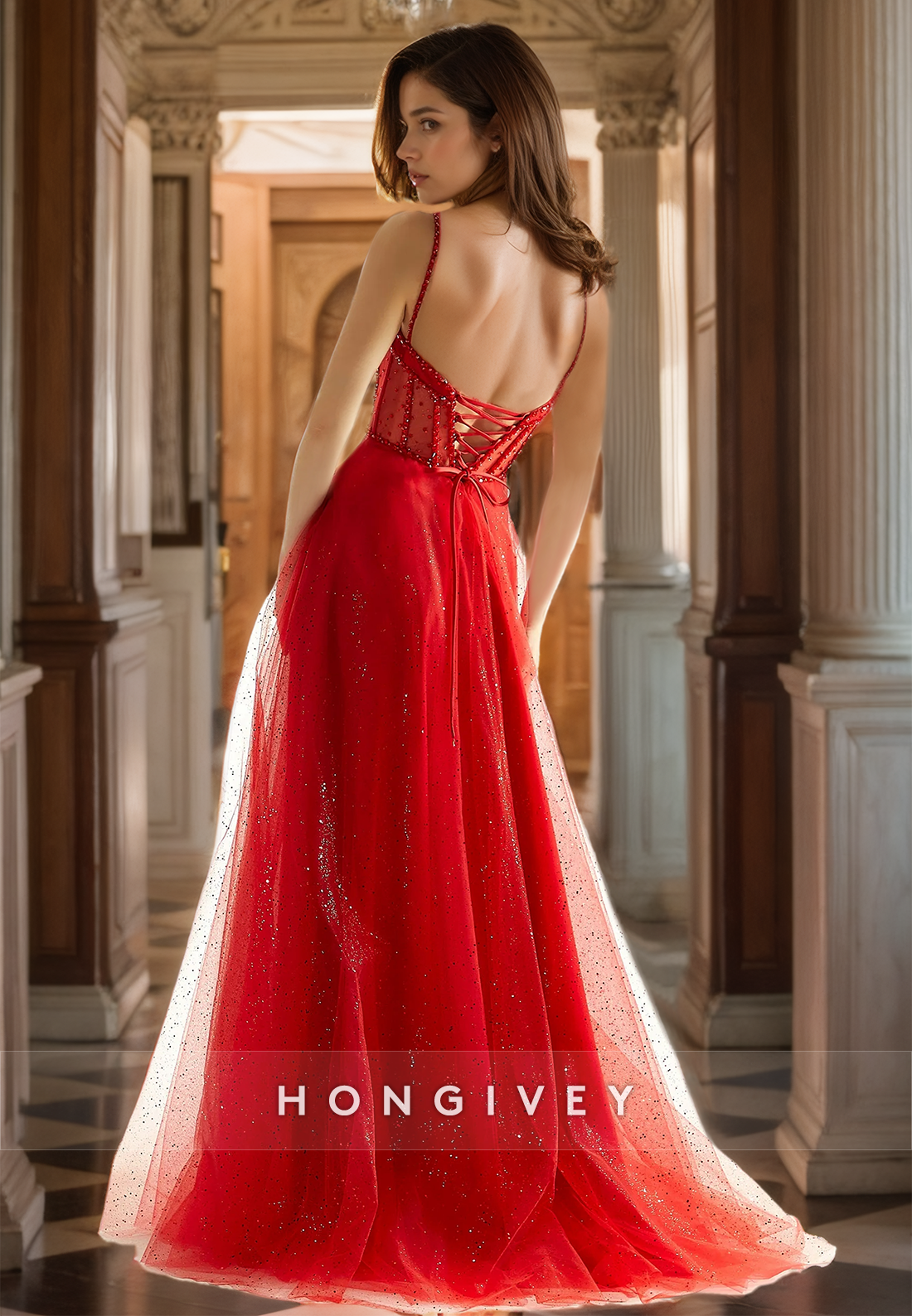 Straps A-Line Tulle Prom Dress Glitter Beaded with Side Slit Ball Gown 2025 New