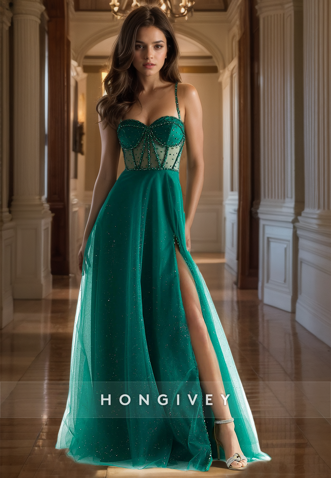 Straps A-Line Tulle Prom Dress Glitter Beaded with Side Slit Ball Gown 2025 New