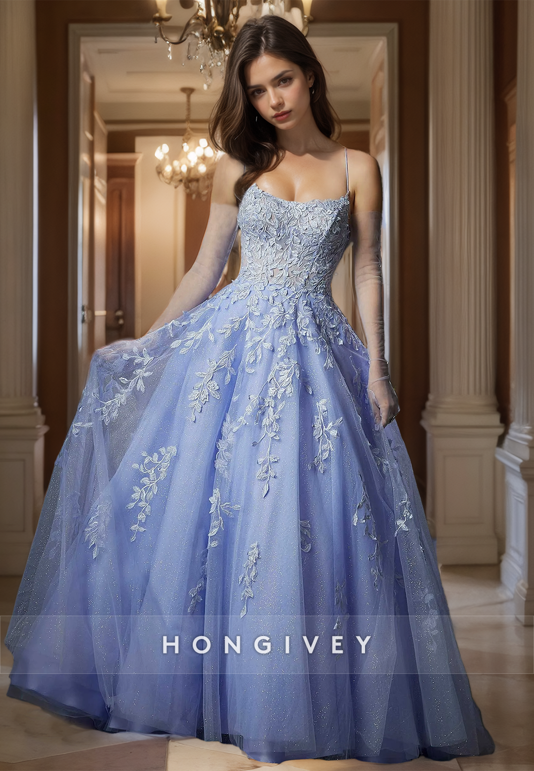Liac Chic Tulle Prom Dress Glitter Applique A-Line Straps Party Gown 2025 New