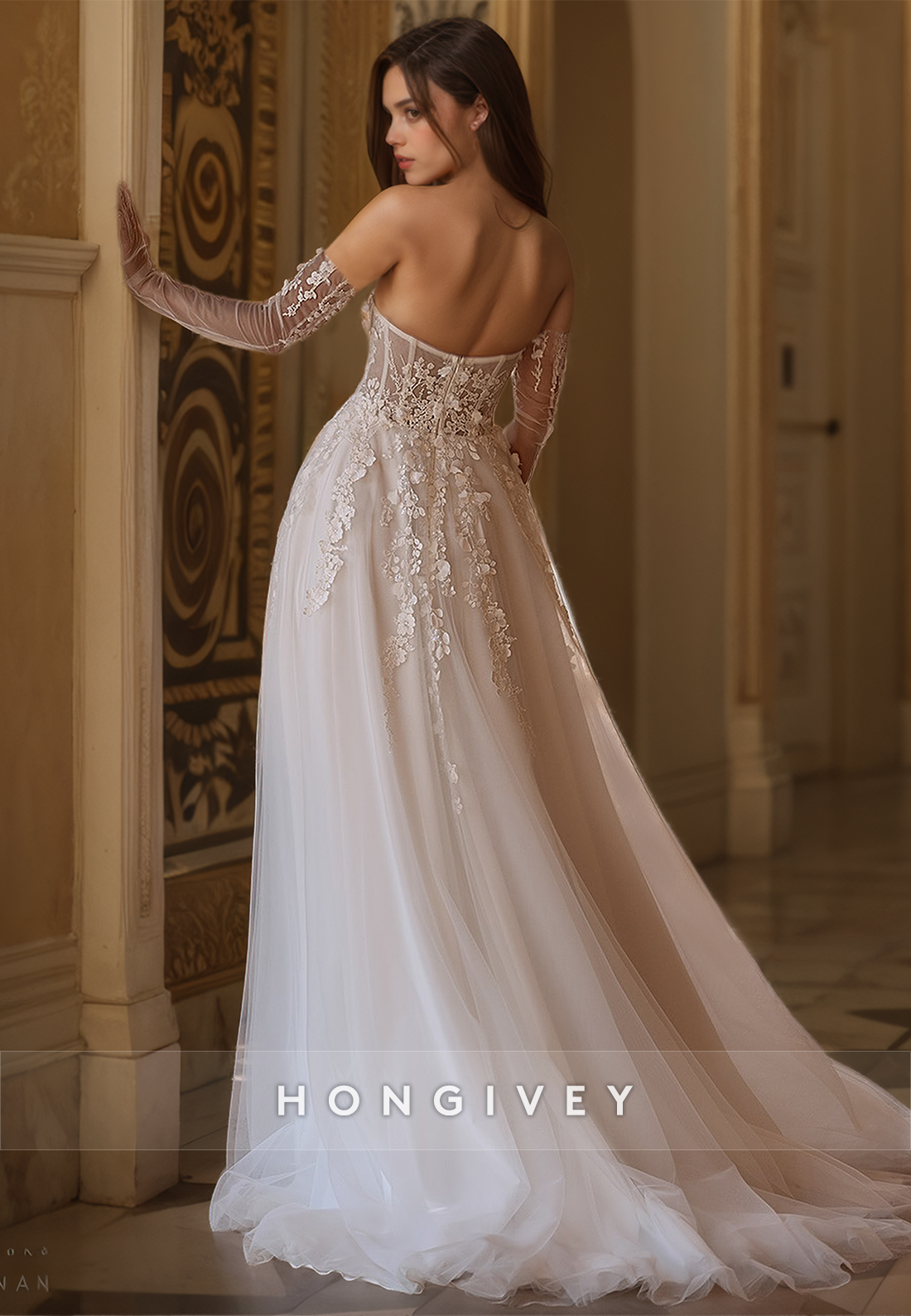 Applique Tulle Wedding Dress with Gloves New A-Line Sweetheart Bridal Dresses