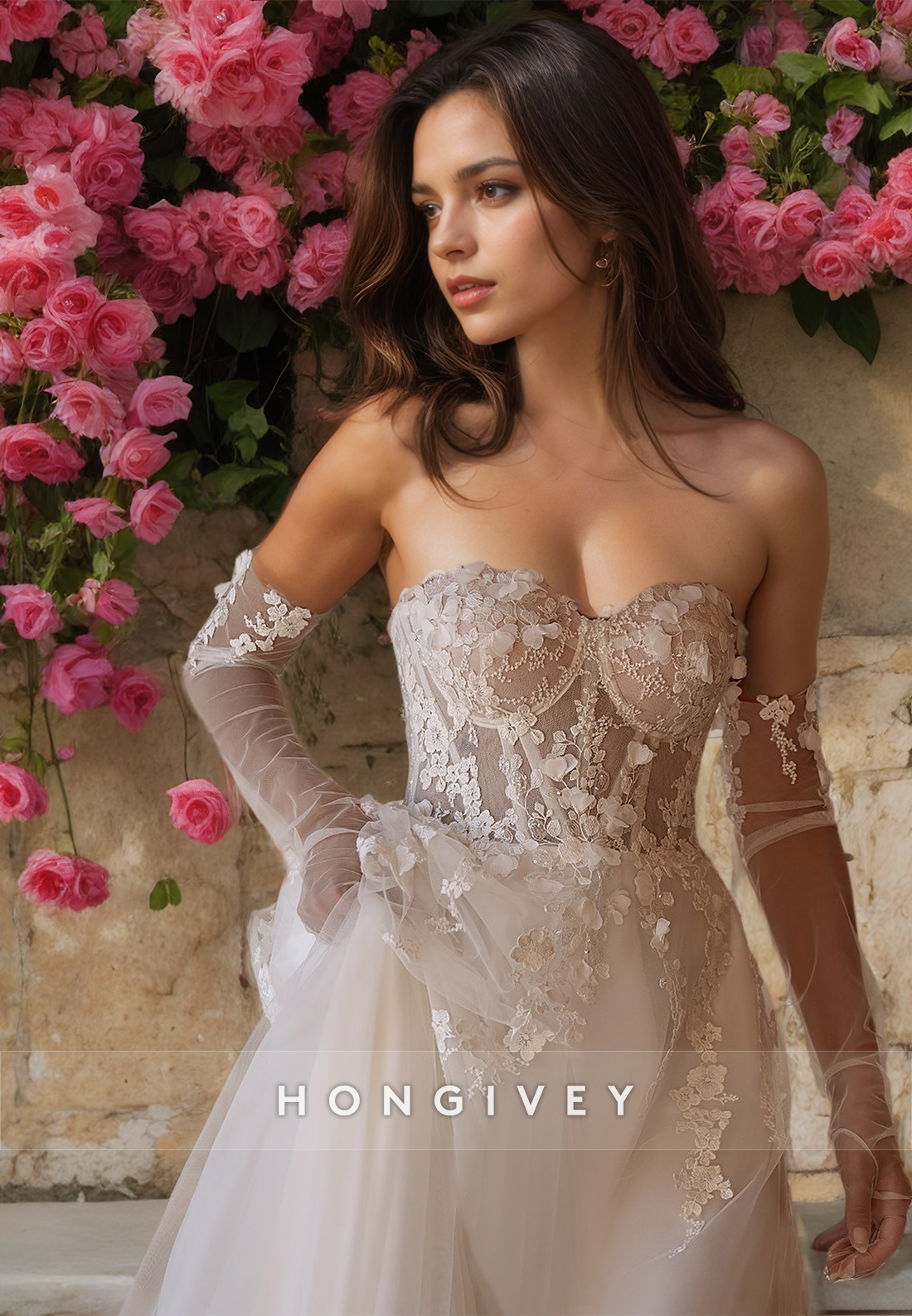 Applique Tulle Wedding Dress with Gloves New A-Line Sweetheart Bridal Dresses