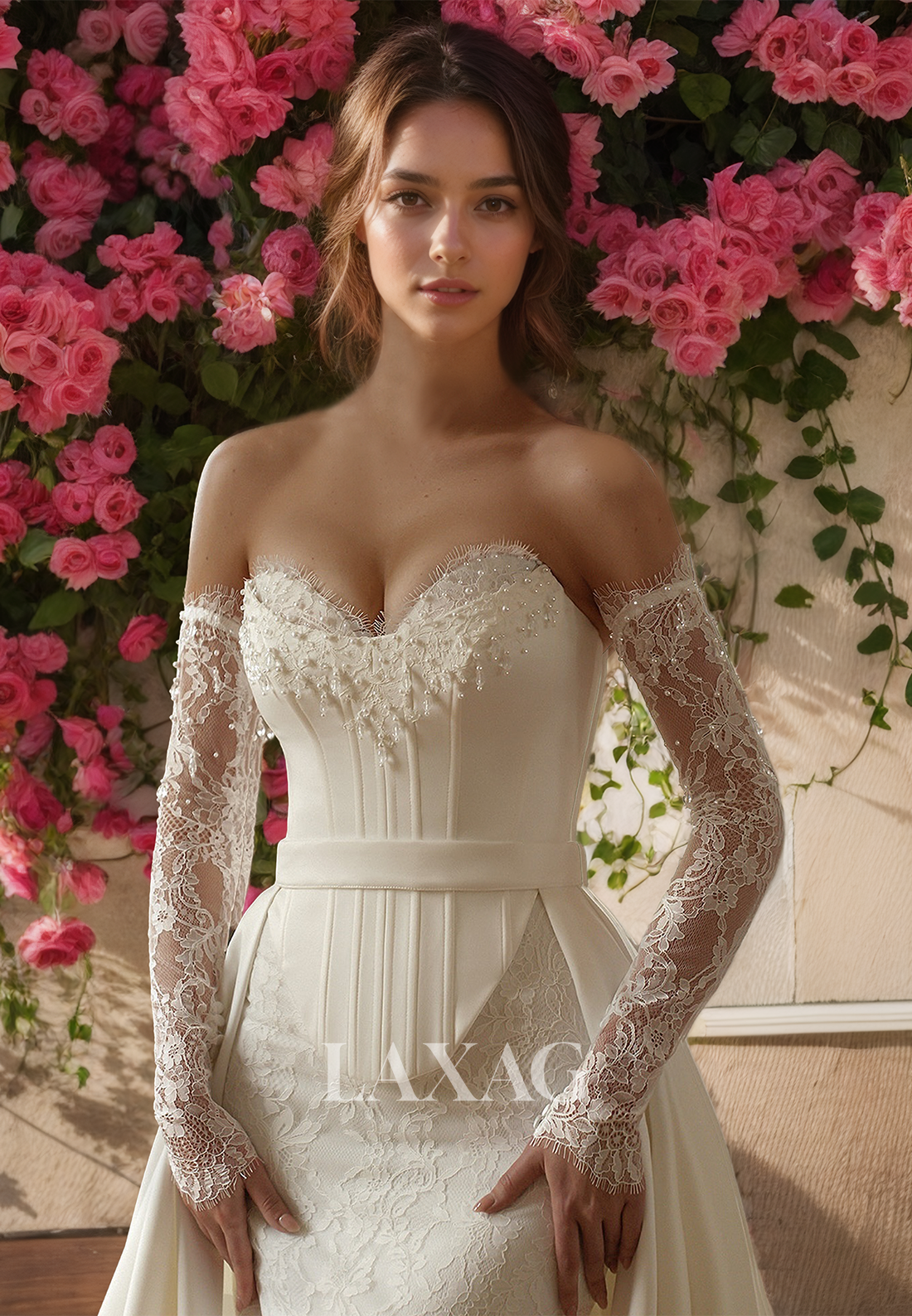 Long-Sleeves Sweetheart Mermaid Wedding Dress Allover Lace Beaded Sweep Train Bride Gowns with Overskirt