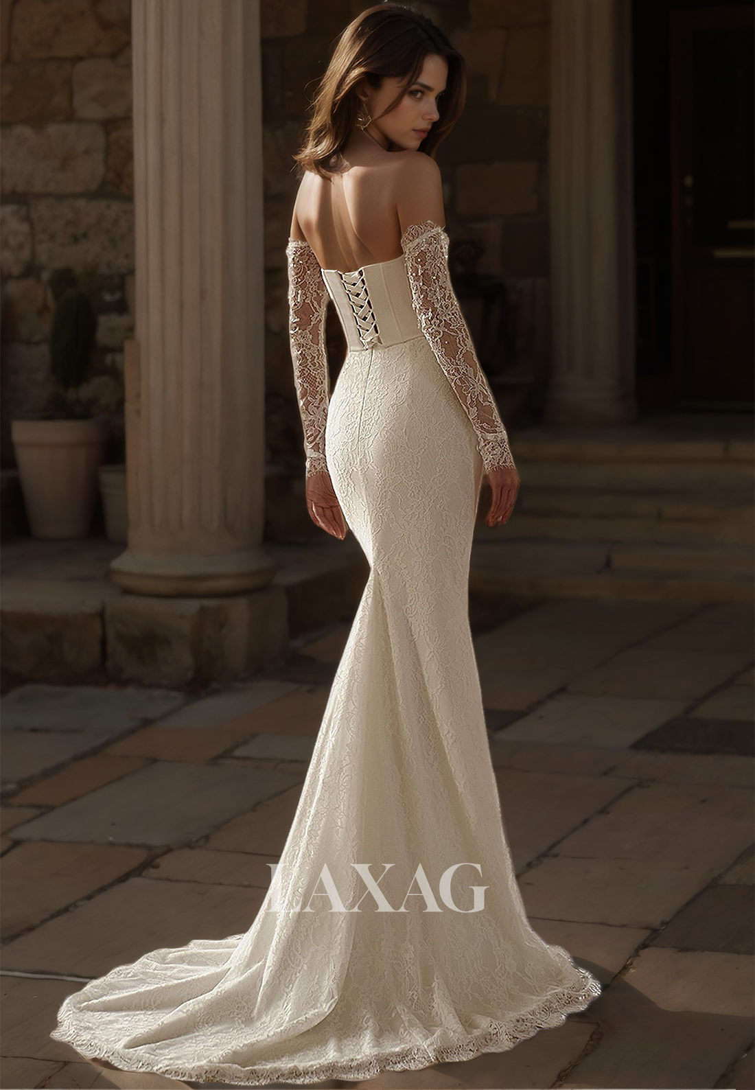 Long-Sleeves Sweetheart Mermaid Wedding Dress Allover Lace Beaded Sweep Train Bride Gowns with Overskirt