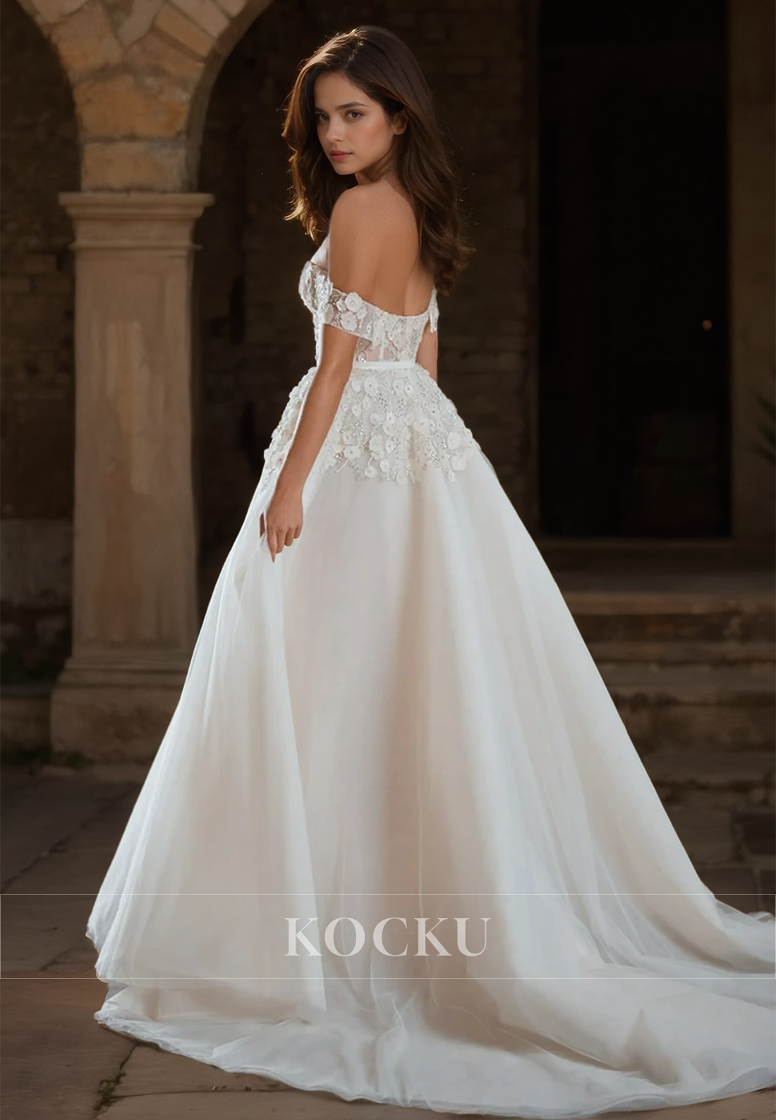 A-Line Off-Shoulder Sleeveless Appliques Pleats Lace Wedding Dress with Beads Boho Gowns