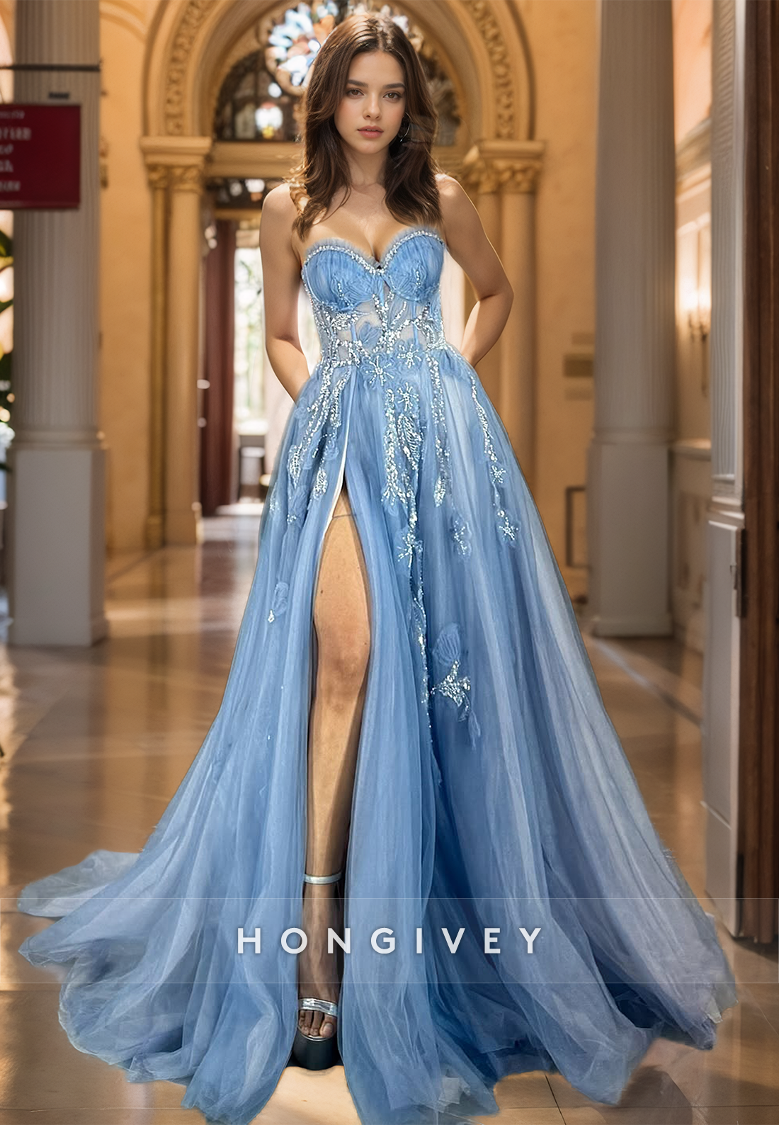Gorgeous Butterfly Organza Prom Gown Strapless A-Line Long Formal Evening Dress