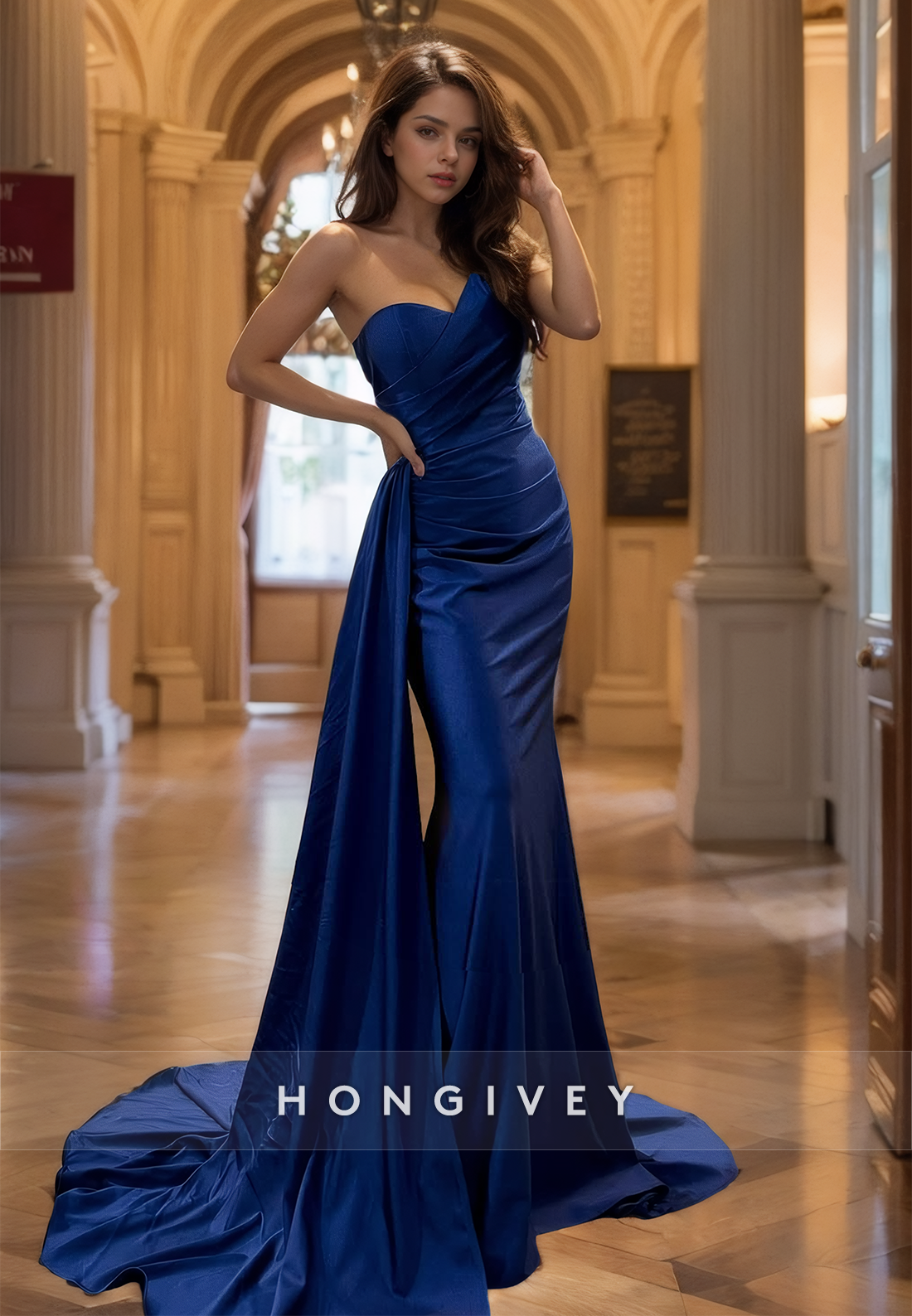 Elegant One Shoulder Long Mermaid Formal Evening Dress with Train Prom Gown