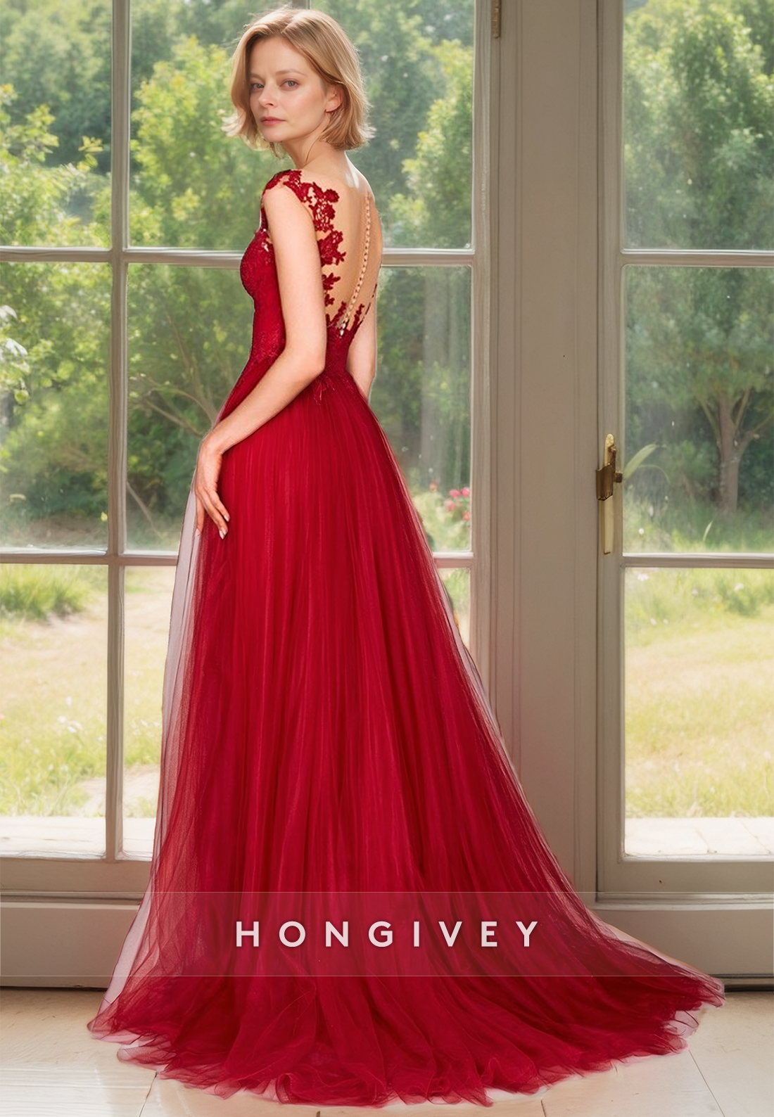 Red V-Neck Backless Tulle Wedding Guest Gown Side Slit Floor Length Dress