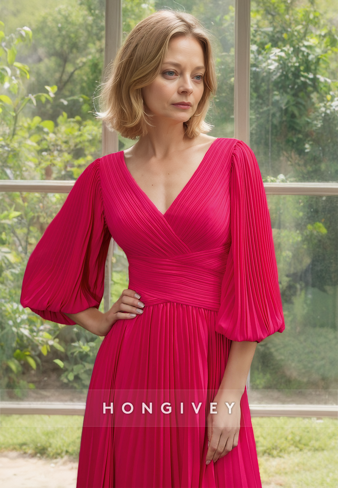 Classic Red V-Neck Half Sleeves Chiffon Mother of the Bride Dress Midi Dresses