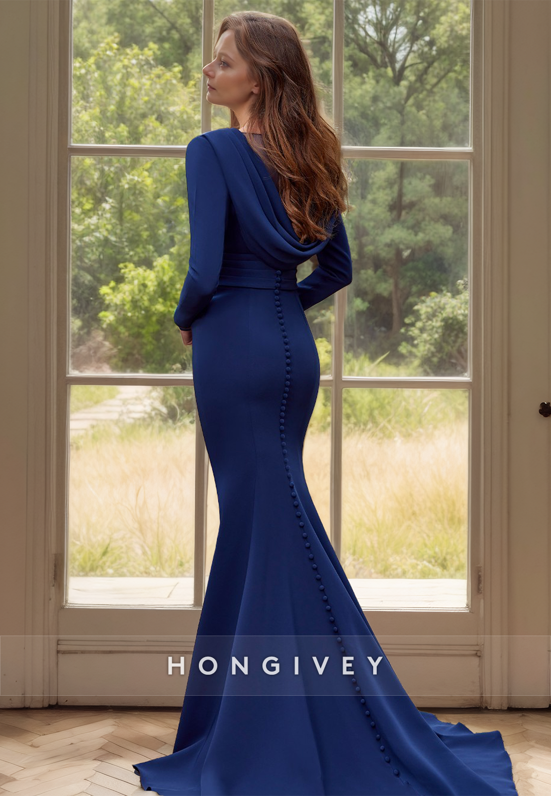 Dark Navy V-Neck Long Sleeves Applique Mermaid Wedding Guest Gown with Train
